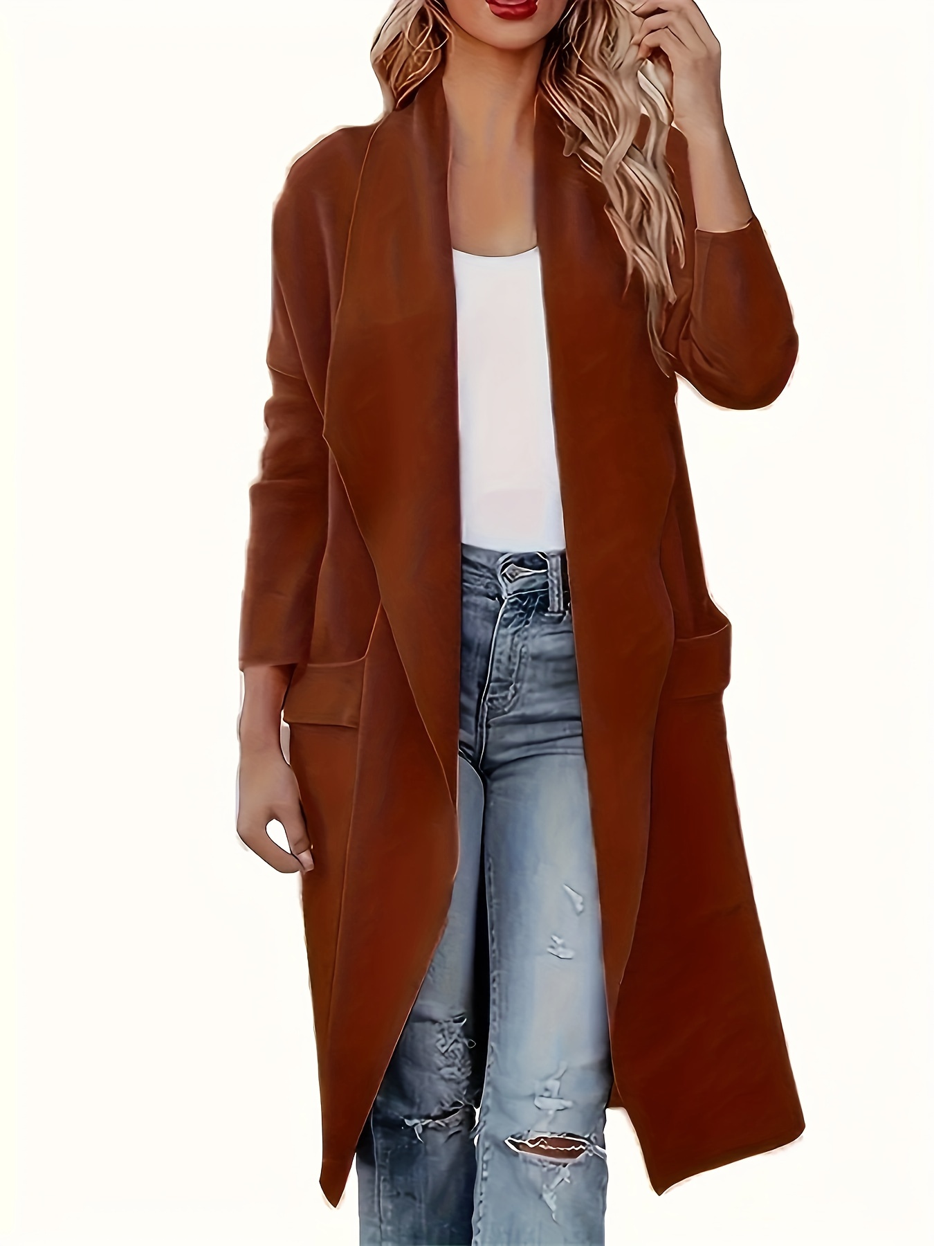 plus size elegant coat womens plus solid long sleeve open front lapel collar longline cardigan coat with pockets details 0