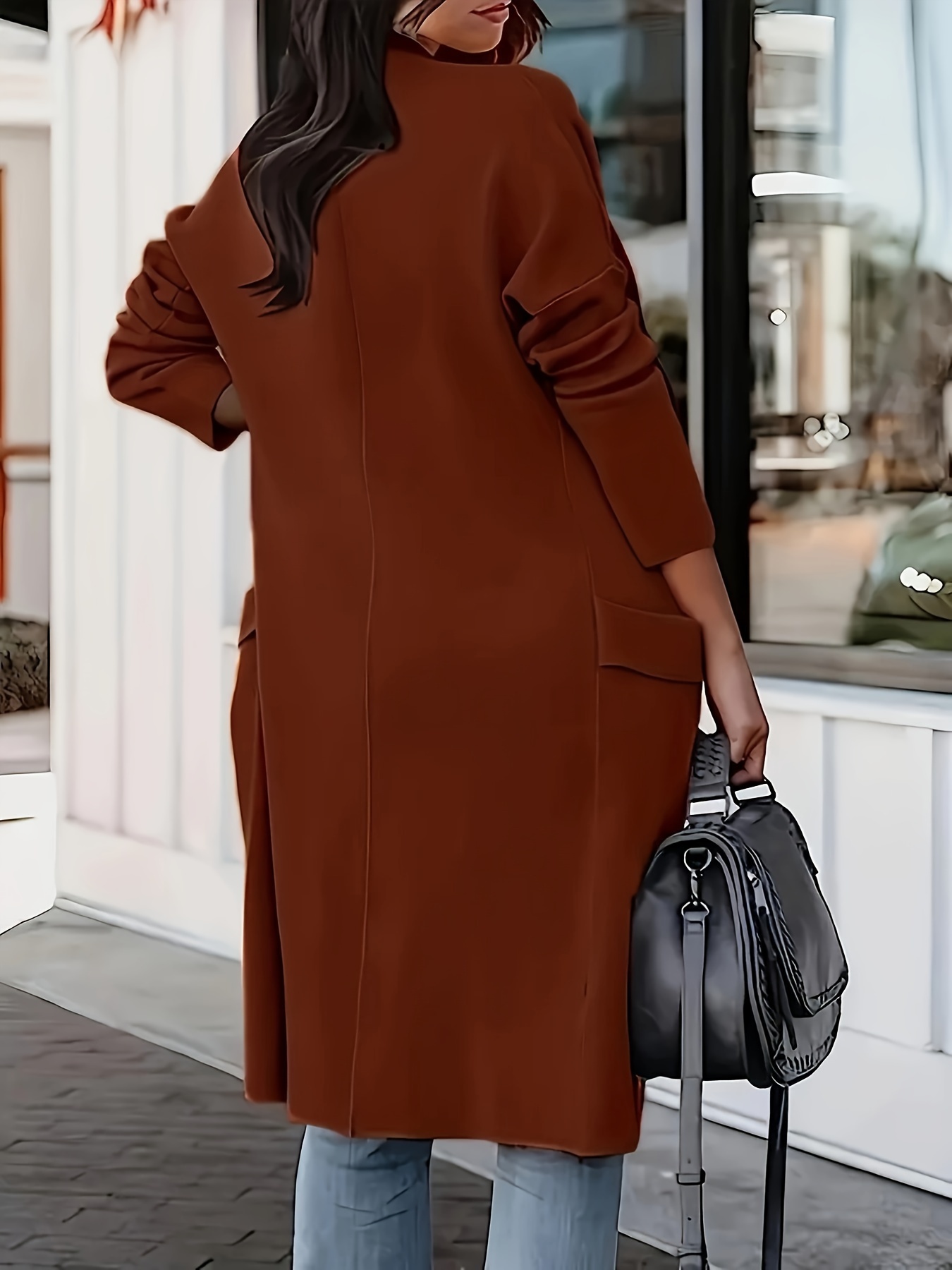 plus size elegant coat womens plus solid long sleeve open front lapel collar longline cardigan coat with pockets details 1