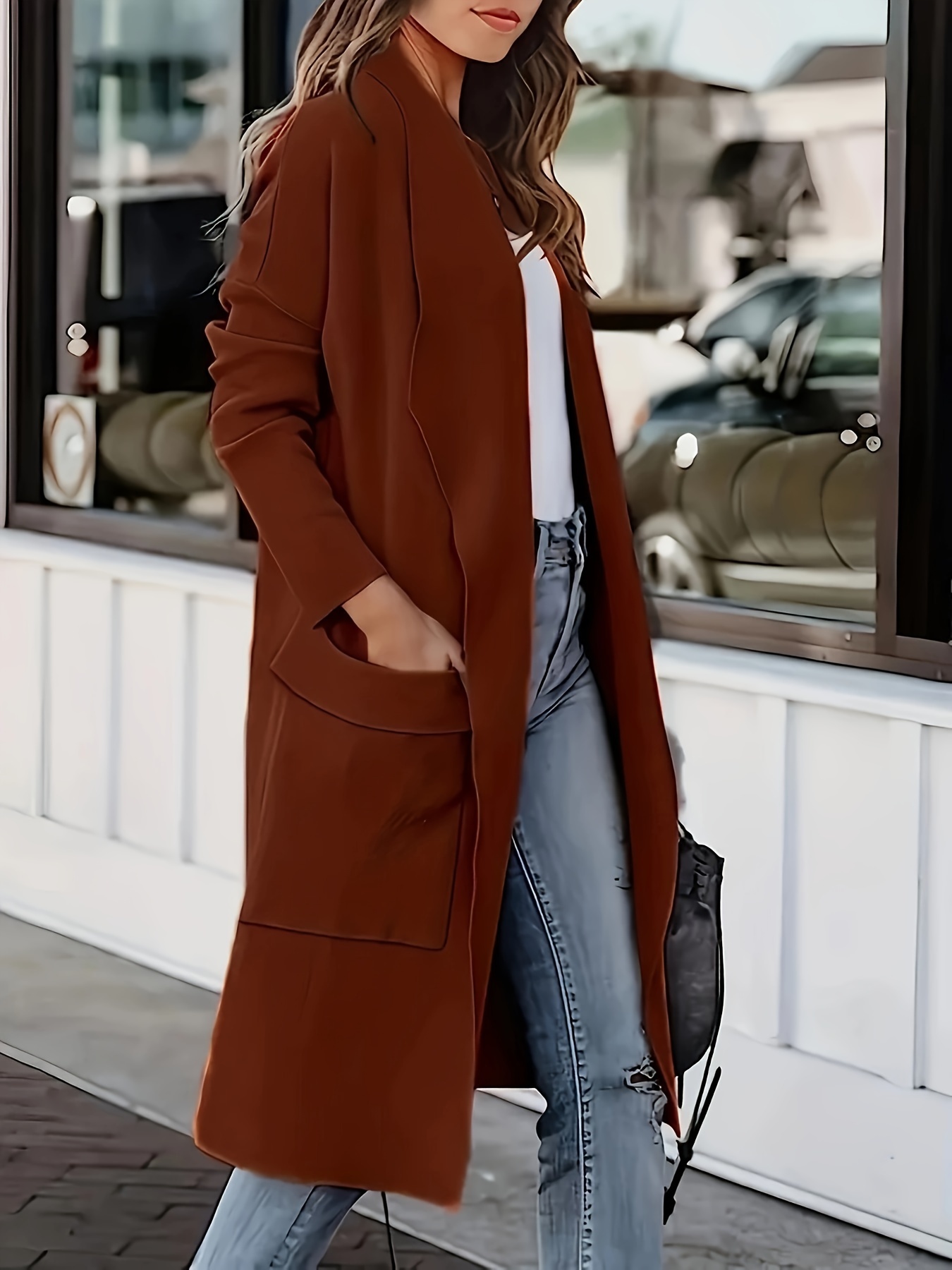 plus size elegant coat womens plus solid long sleeve open front lapel collar longline cardigan coat with pockets details 2