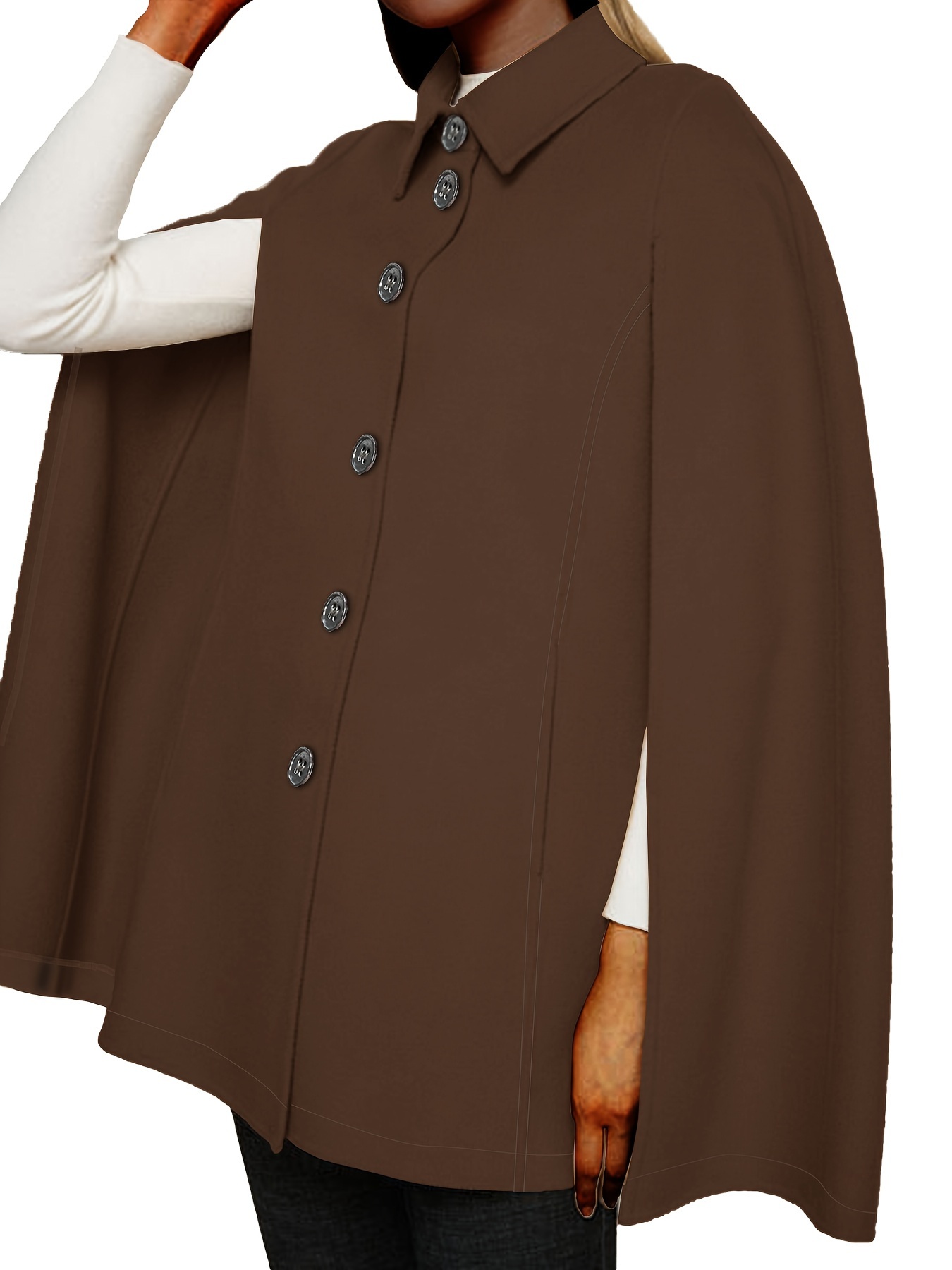 plus size casual coat womens plus solid cape sleeve button up lapel collar coat details 3