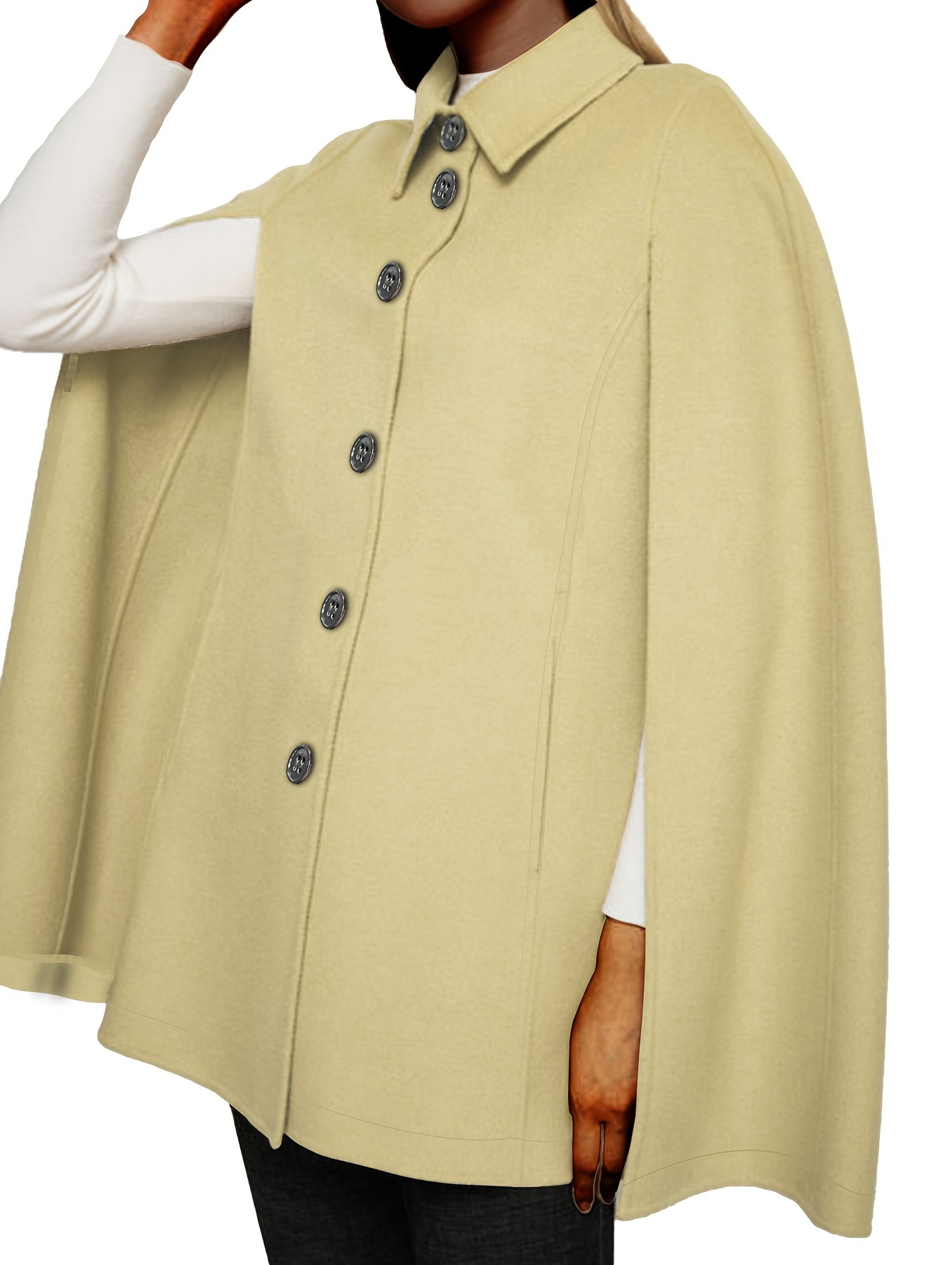 plus size casual coat womens plus solid cape sleeve button up lapel collar coat details 6