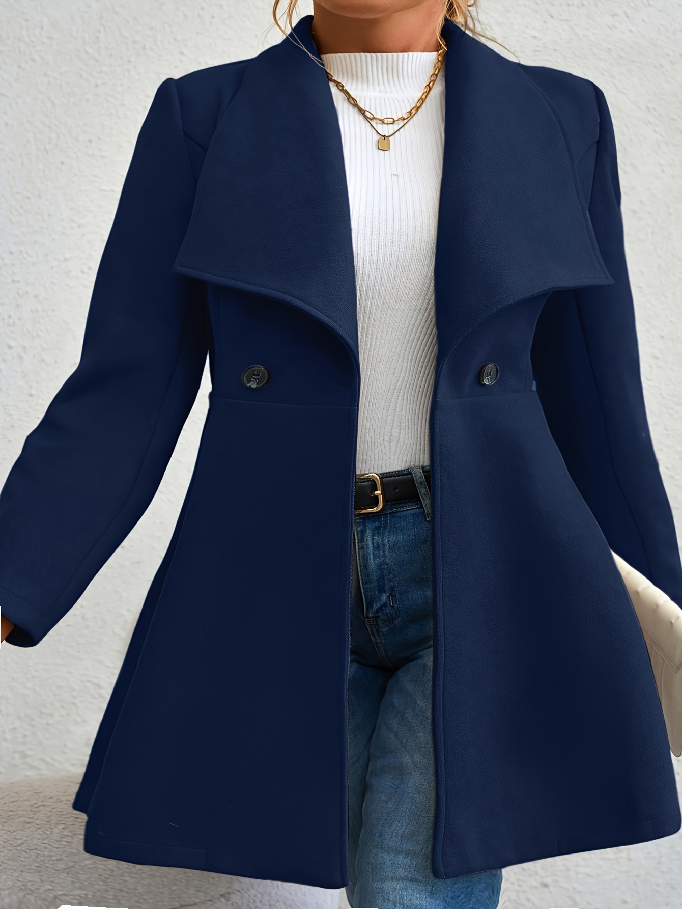 plus size elegant coat womens plus solid long sleeve double breast button waterfall collar nipped waist longline coat details 0