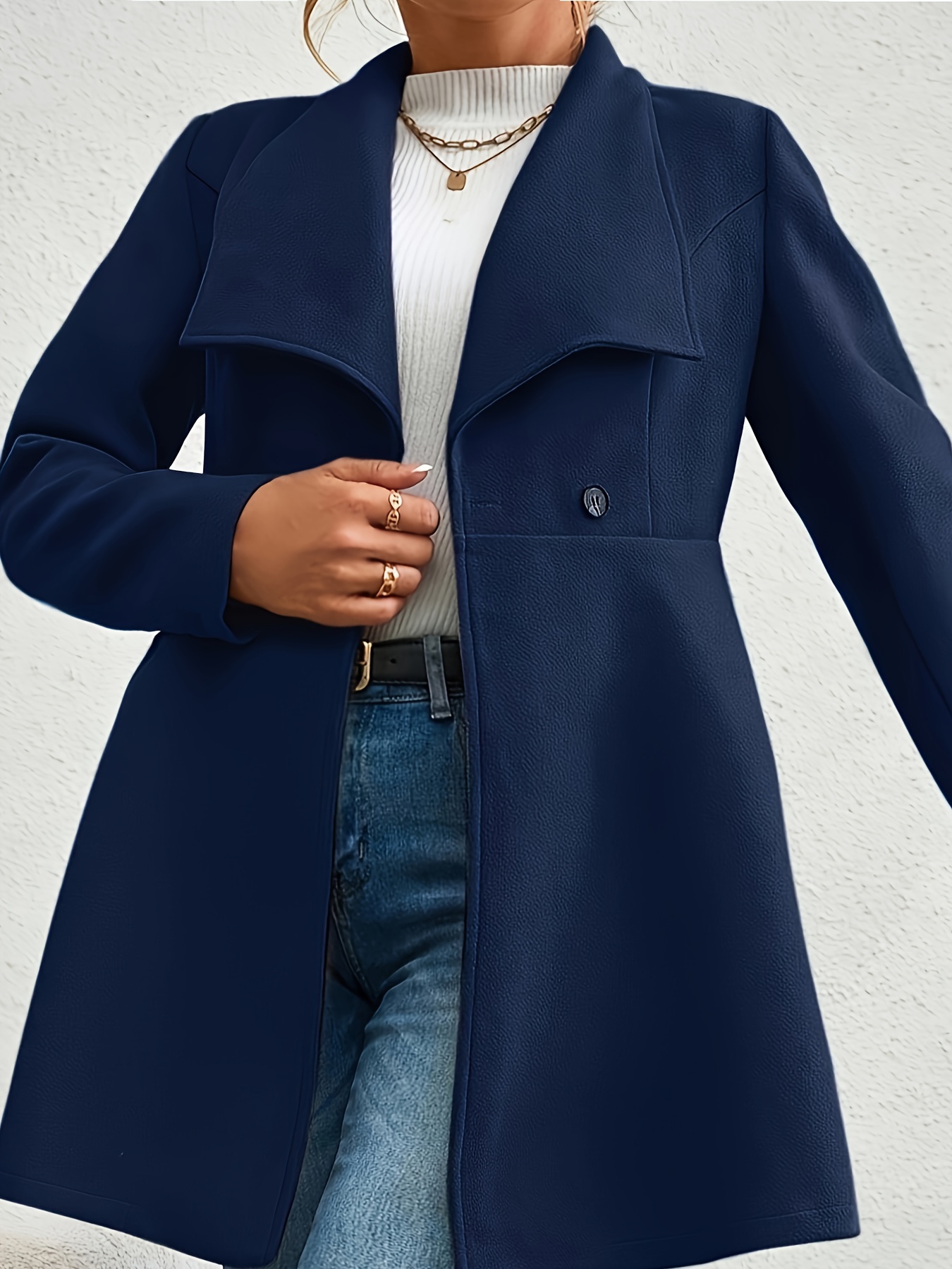 plus size elegant coat womens plus solid long sleeve double breast button waterfall collar nipped waist longline coat details 1