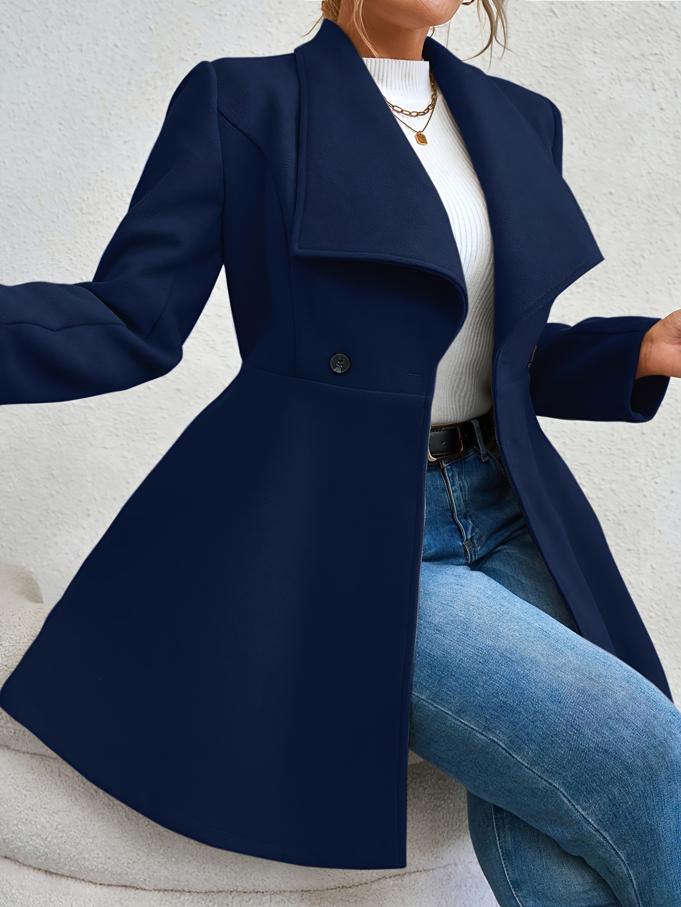 plus size elegant coat womens plus solid long sleeve double breast button waterfall collar nipped waist longline coat details 2