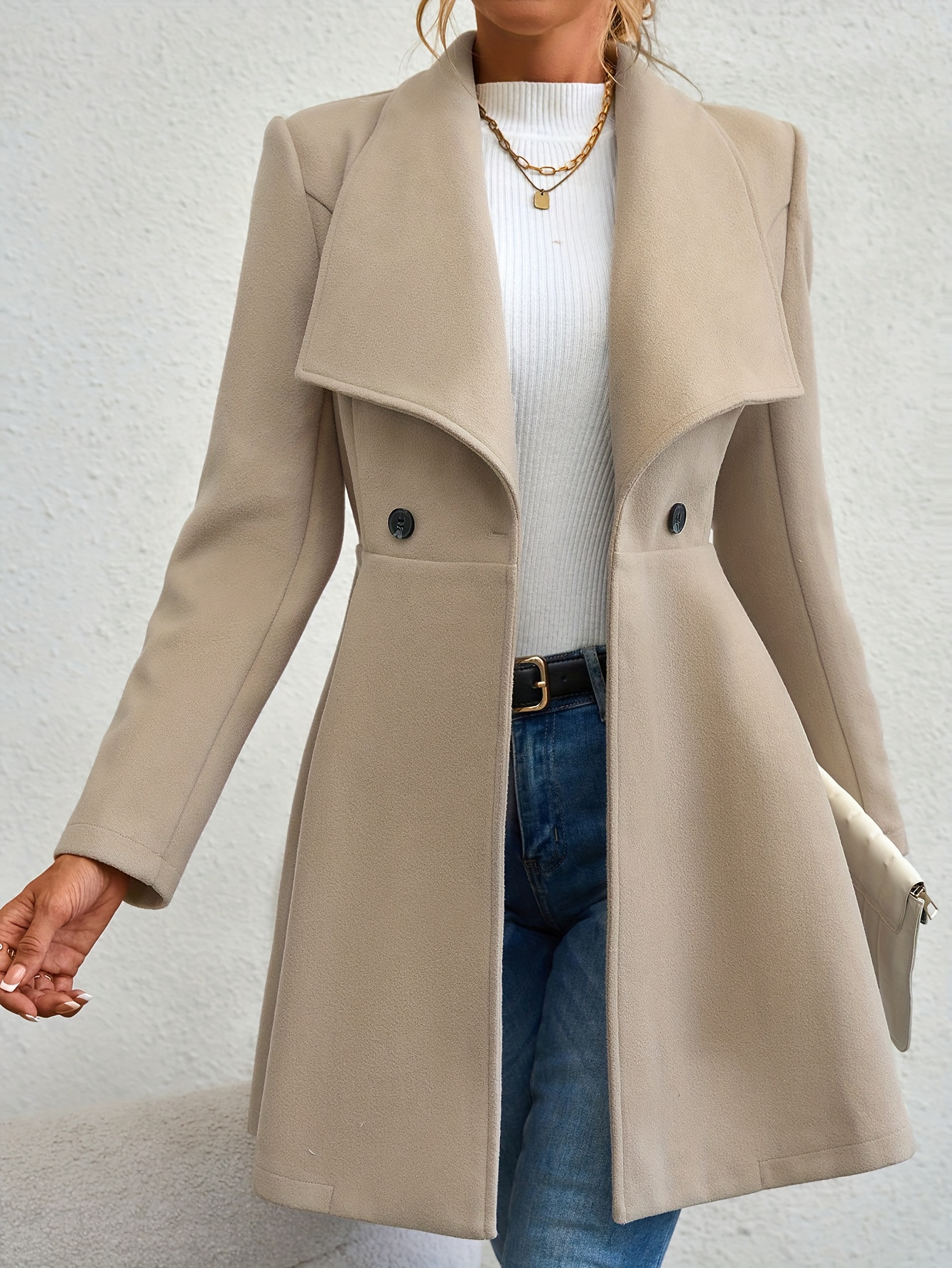 plus size elegant coat womens plus solid long sleeve double breast button waterfall collar nipped waist longline coat details 4