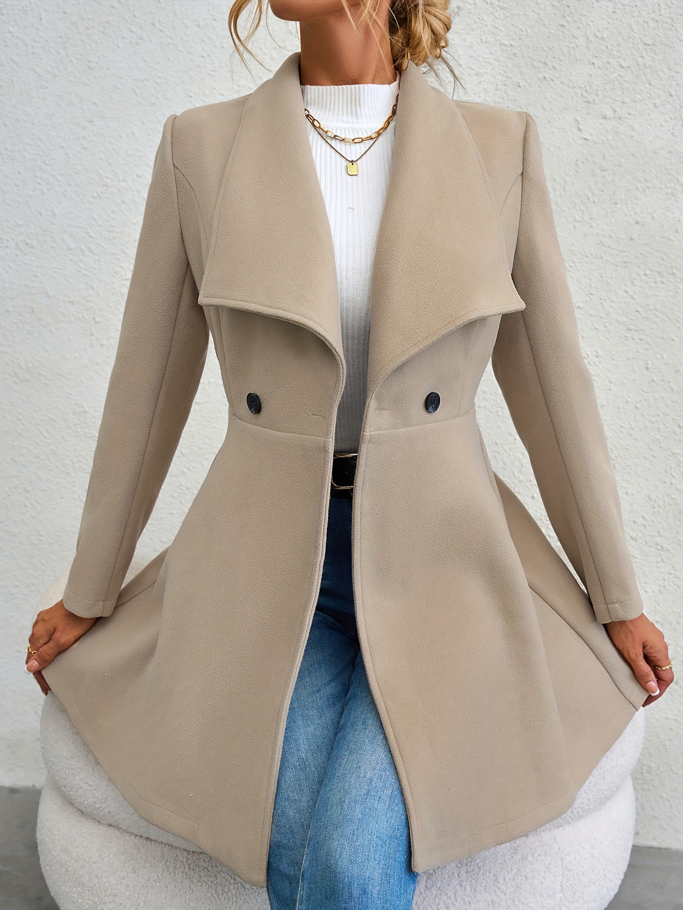 plus size elegant coat womens plus solid long sleeve double breast button waterfall collar nipped waist longline coat details 5