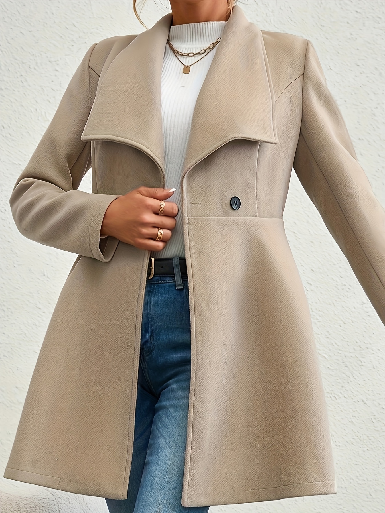 plus size elegant coat womens plus solid long sleeve double breast button waterfall collar nipped waist longline coat details 8