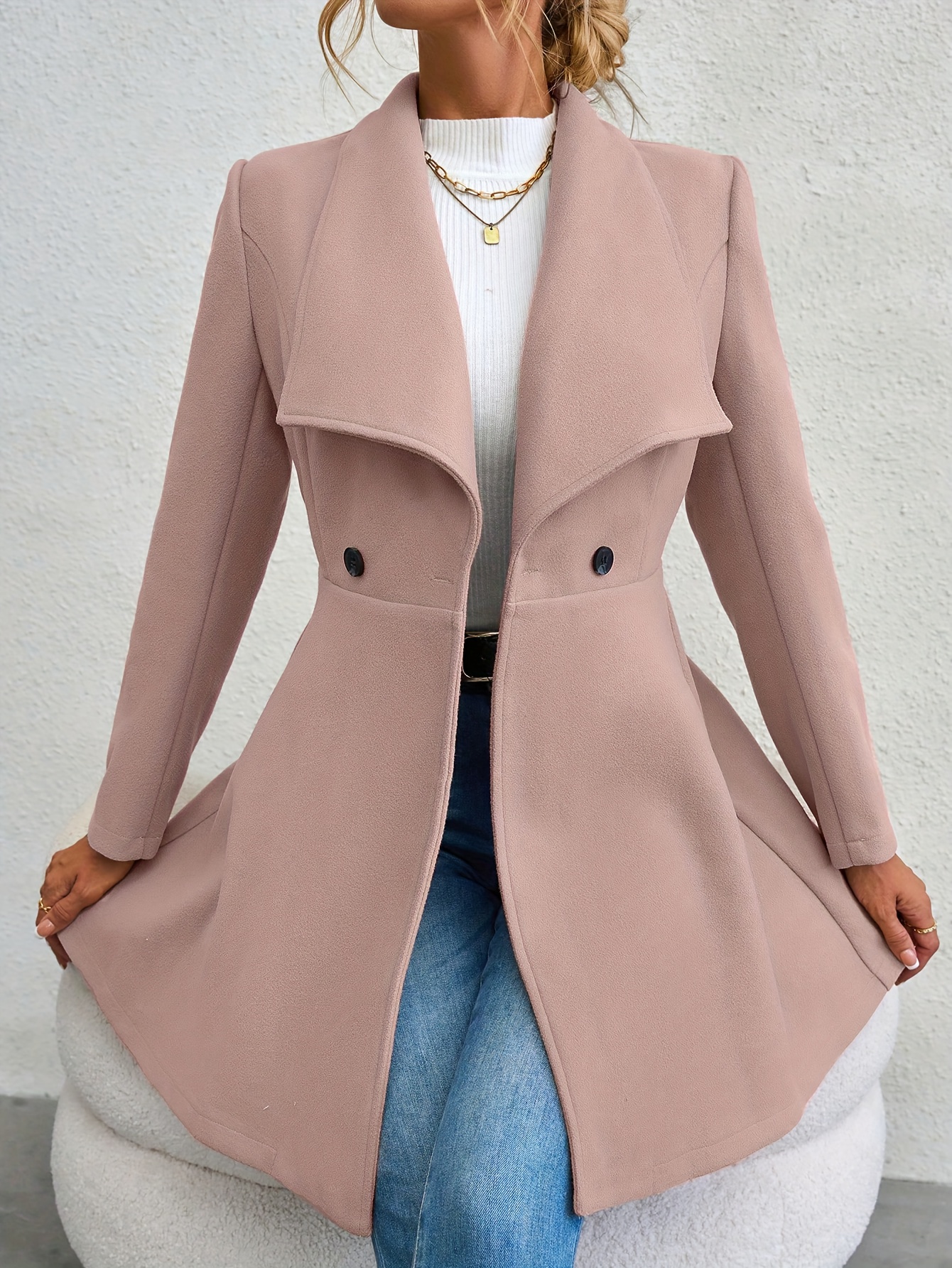 plus size elegant coat womens plus solid long sleeve double breast button waterfall collar nipped waist longline coat details 15