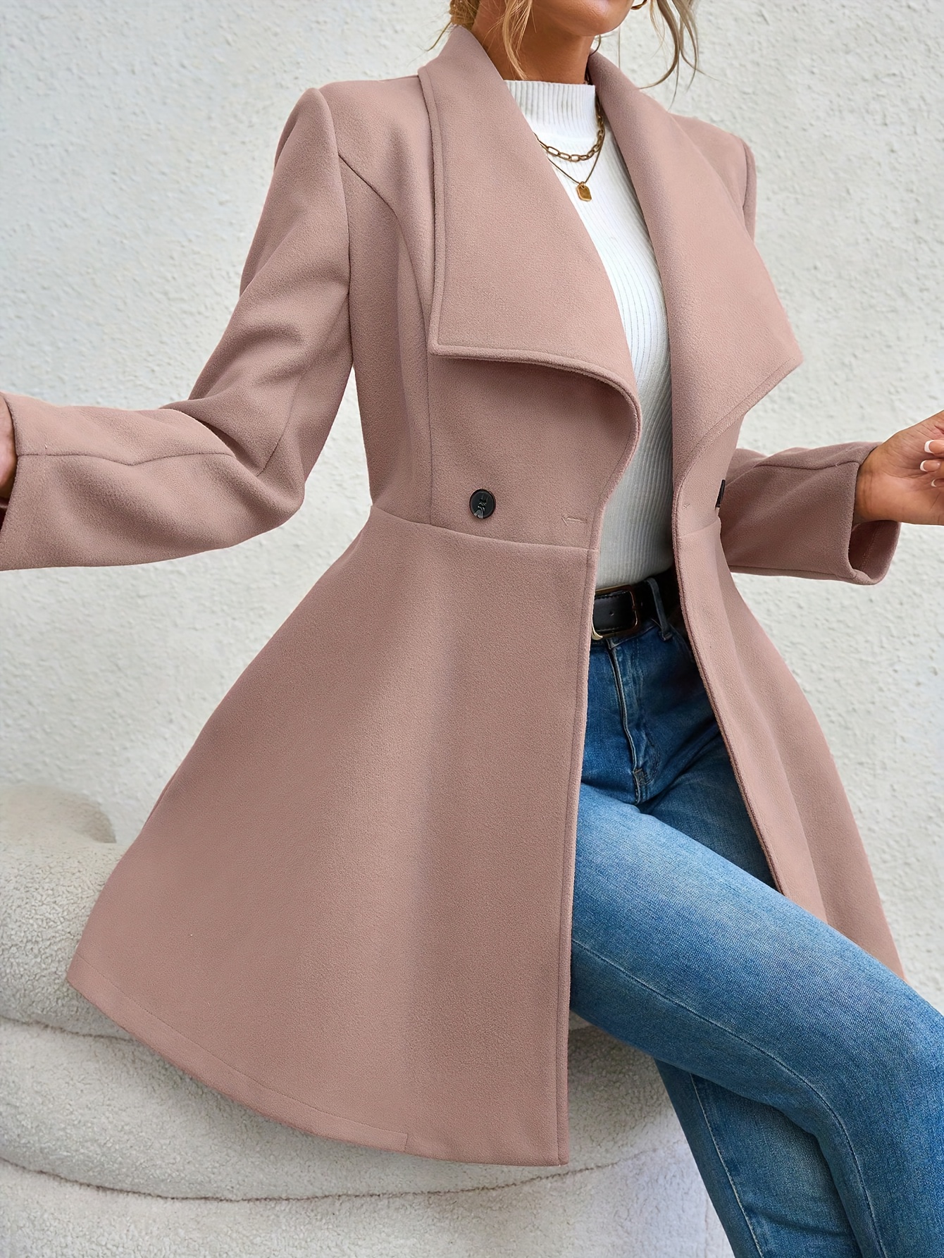 plus size elegant coat womens plus solid long sleeve double breast button waterfall collar nipped waist longline coat details 17