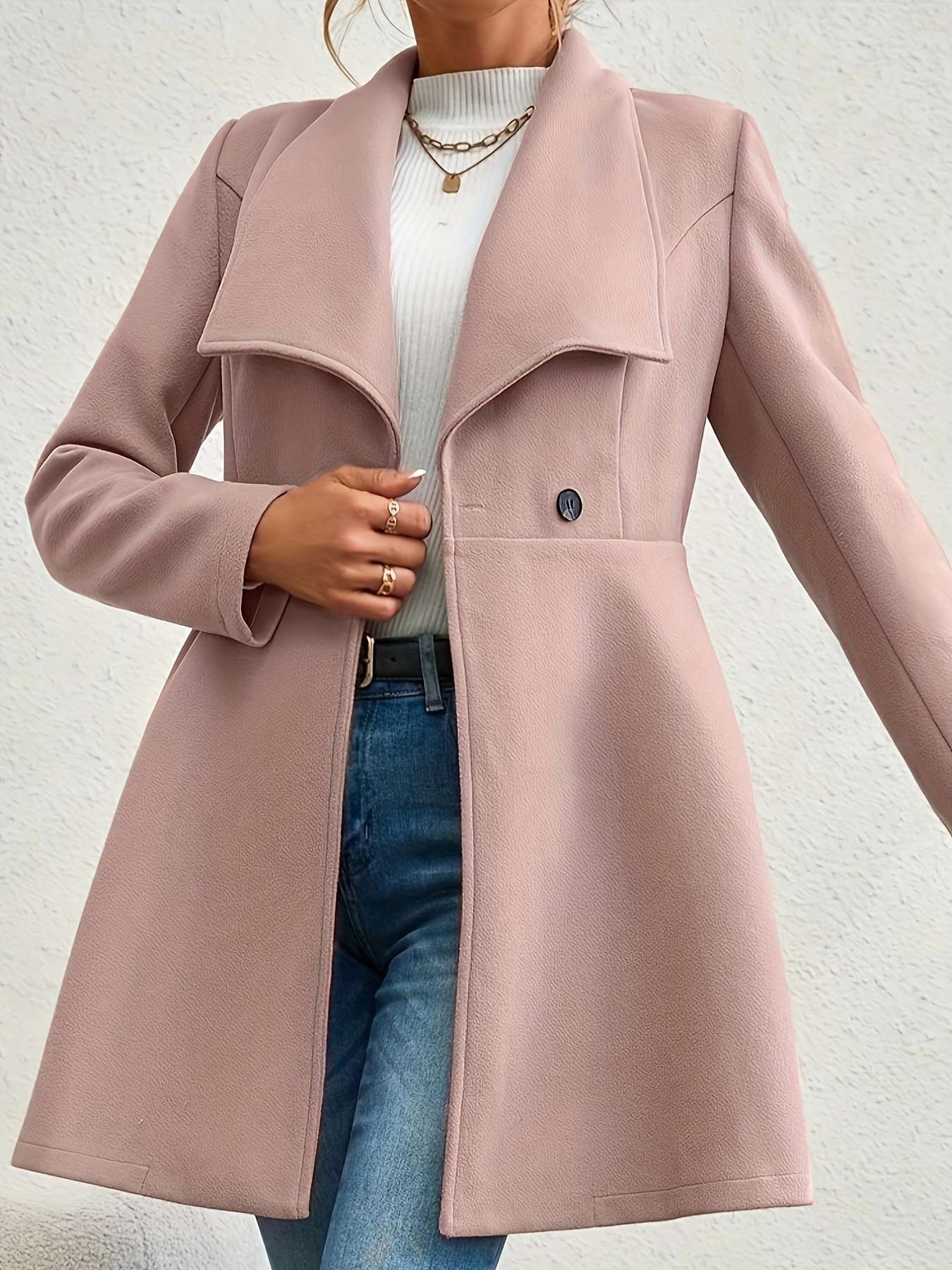 plus size elegant coat womens plus solid long sleeve double breast button waterfall collar nipped waist longline coat details 18