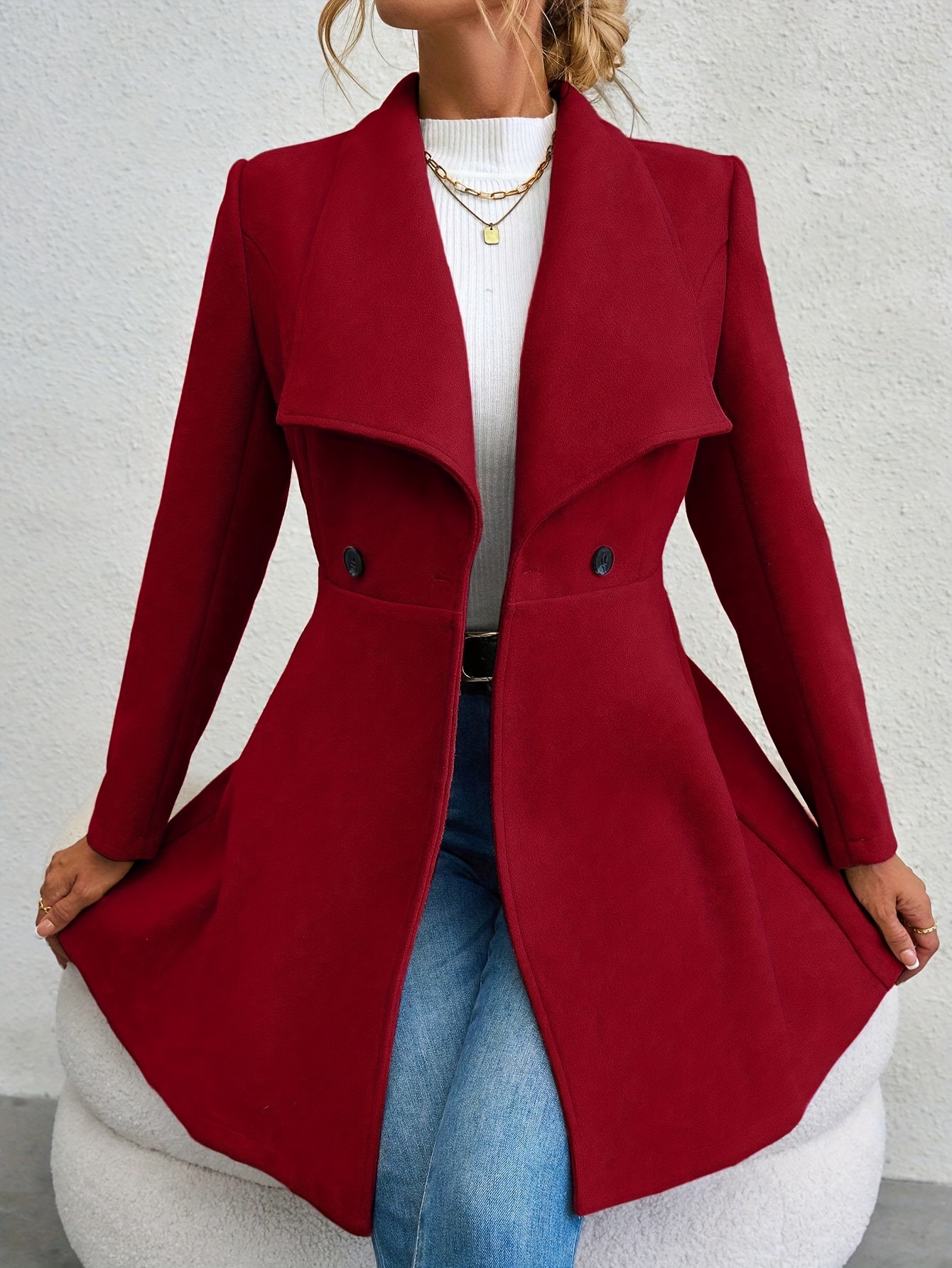 plus size elegant coat womens plus solid long sleeve double breast button waterfall collar nipped waist longline coat details 19