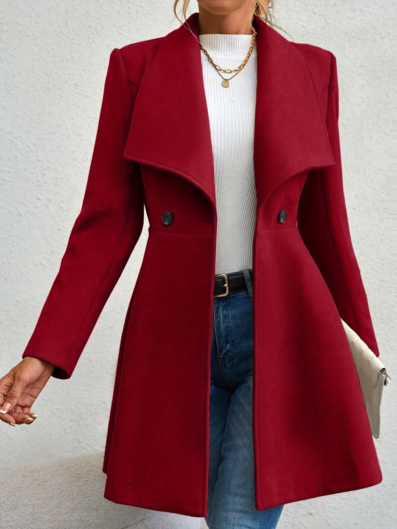 plus size elegant coat womens plus solid long sleeve double breast button waterfall collar nipped waist longline coat details 20