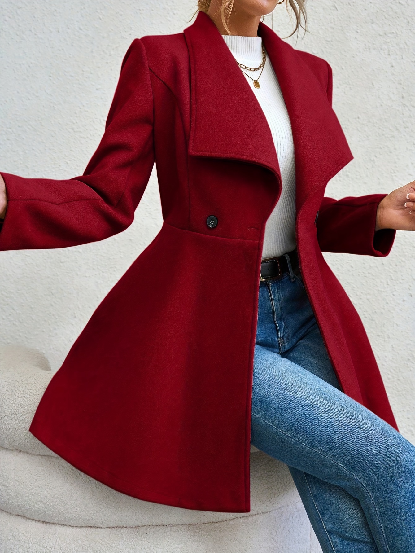 plus size elegant coat womens plus solid long sleeve double breast button waterfall collar nipped waist longline coat details 21