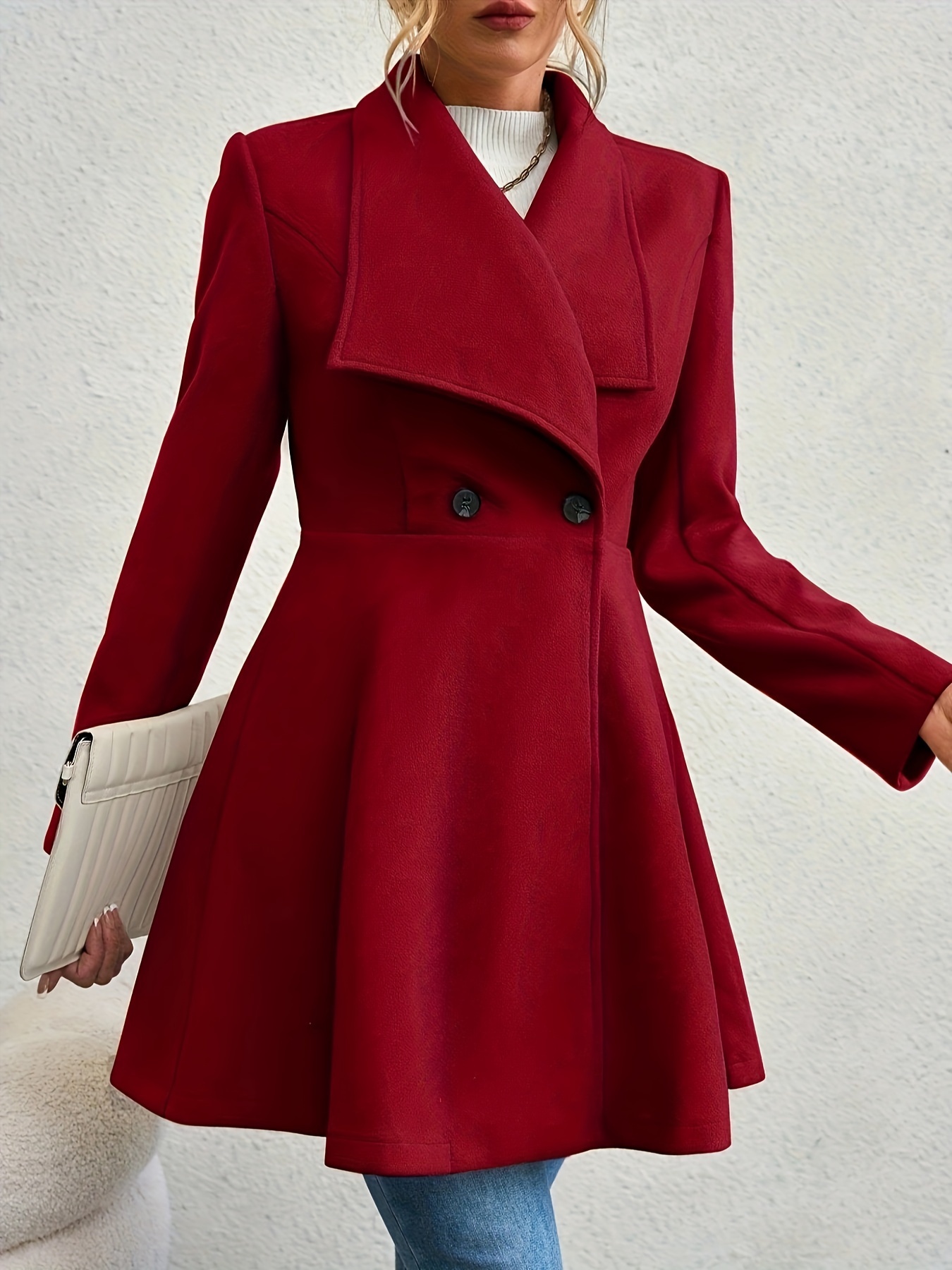 plus size elegant coat womens plus solid long sleeve double breast button waterfall collar nipped waist longline coat details 22