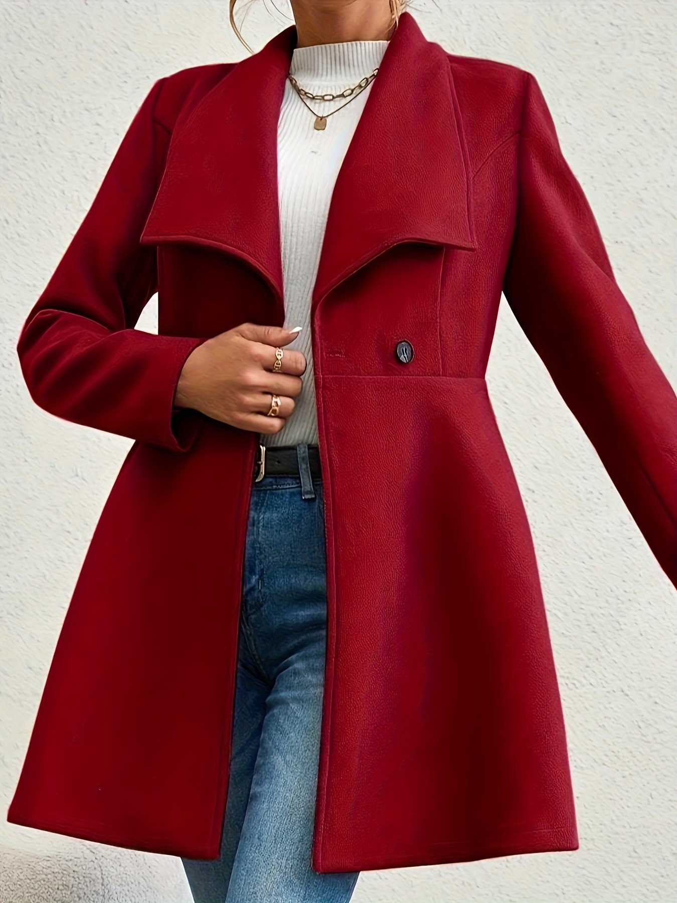 plus size elegant coat womens plus solid long sleeve double breast button waterfall collar nipped waist longline coat details 23