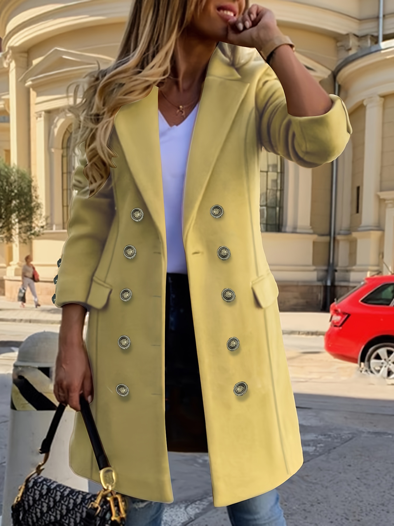 plus size elegant coat womens plus solid long sleeve double breast button lapel collar woolen longline coat with flap pockets details 4