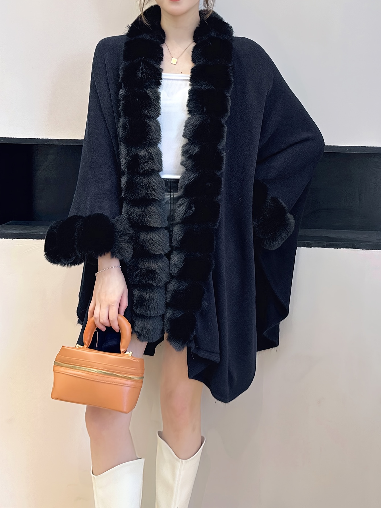 plus size solid faux fur trim coat casual long sleeve open front outerwear for fall winter womens plus size clothing details 0