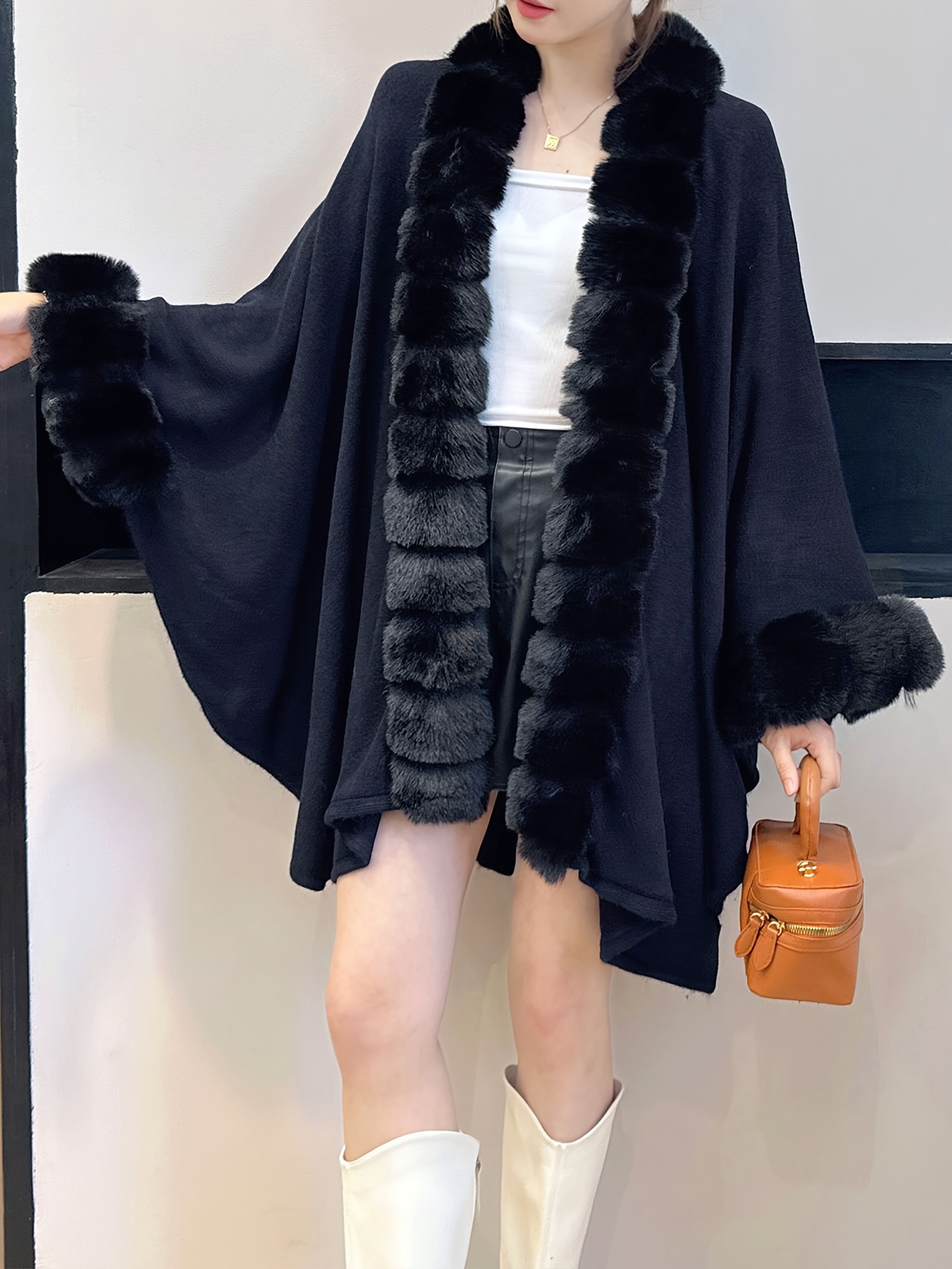 plus size solid faux fur trim coat casual long sleeve open front outerwear for fall winter womens plus size clothing details 2