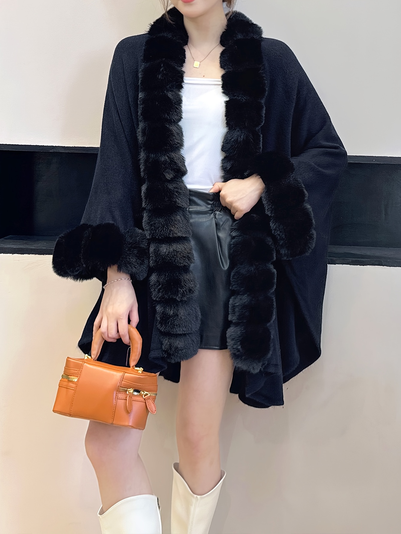 plus size solid faux fur trim coat casual long sleeve open front outerwear for fall winter womens plus size clothing details 3