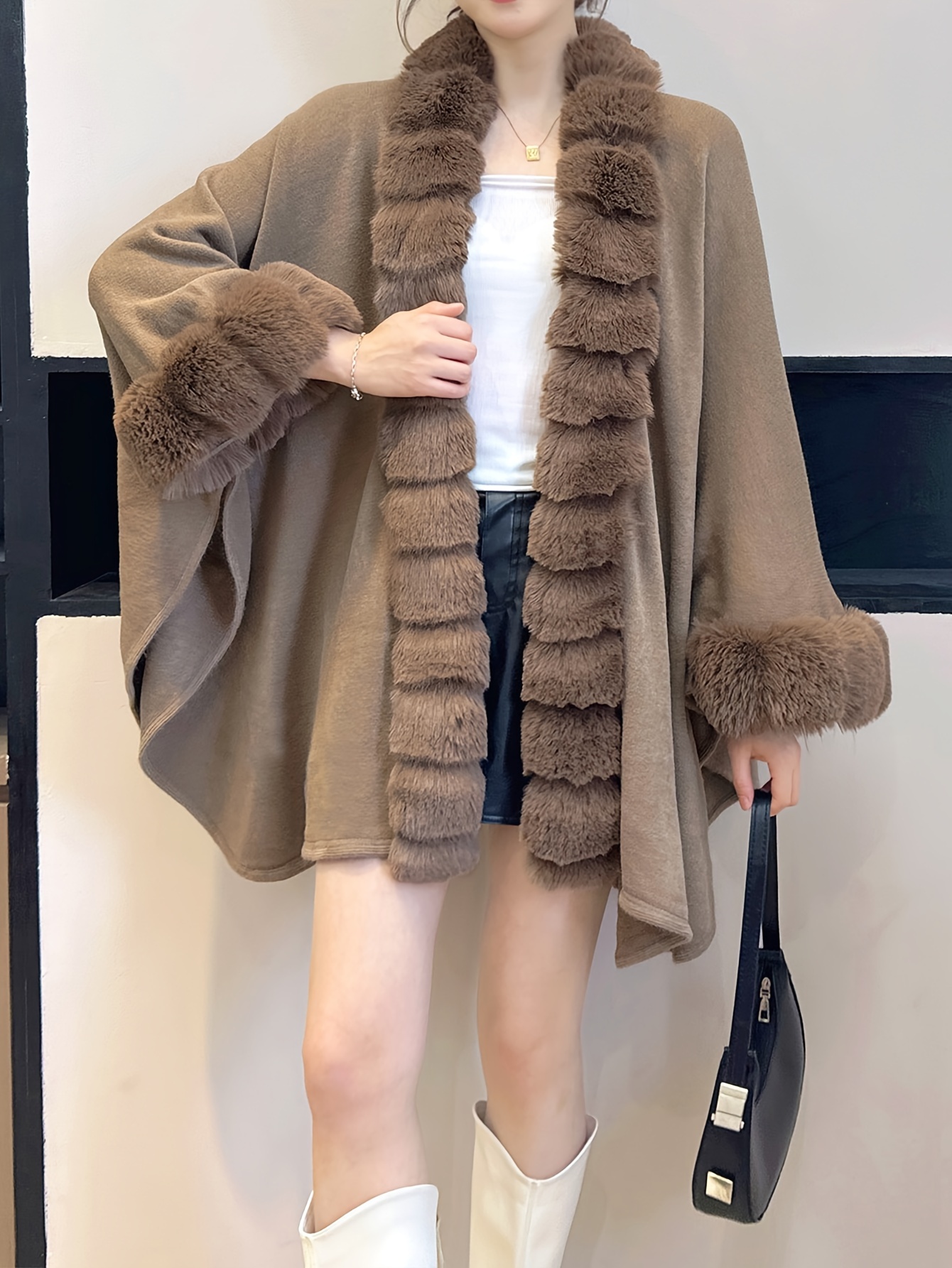 plus size solid faux fur trim coat casual long sleeve open front outerwear for fall winter womens plus size clothing details 4