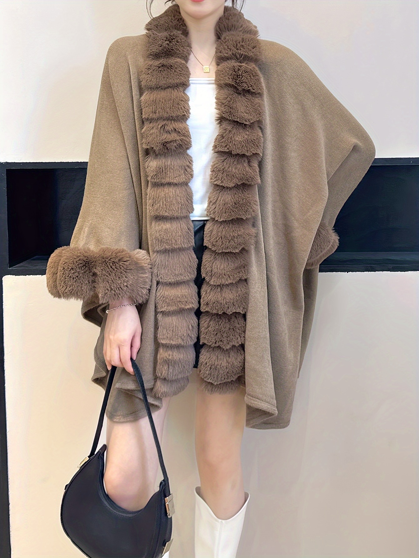 plus size solid faux fur trim coat casual long sleeve open front outerwear for fall winter womens plus size clothing details 6