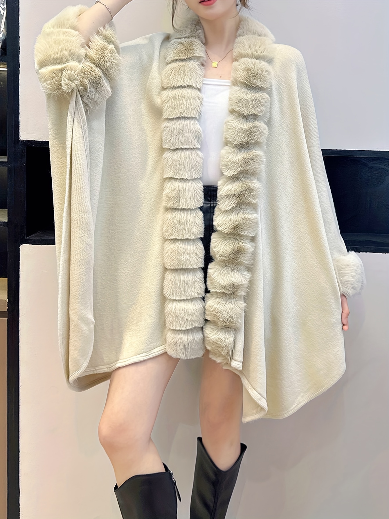 plus size solid faux fur trim coat casual long sleeve open front outerwear for fall winter womens plus size clothing details 8