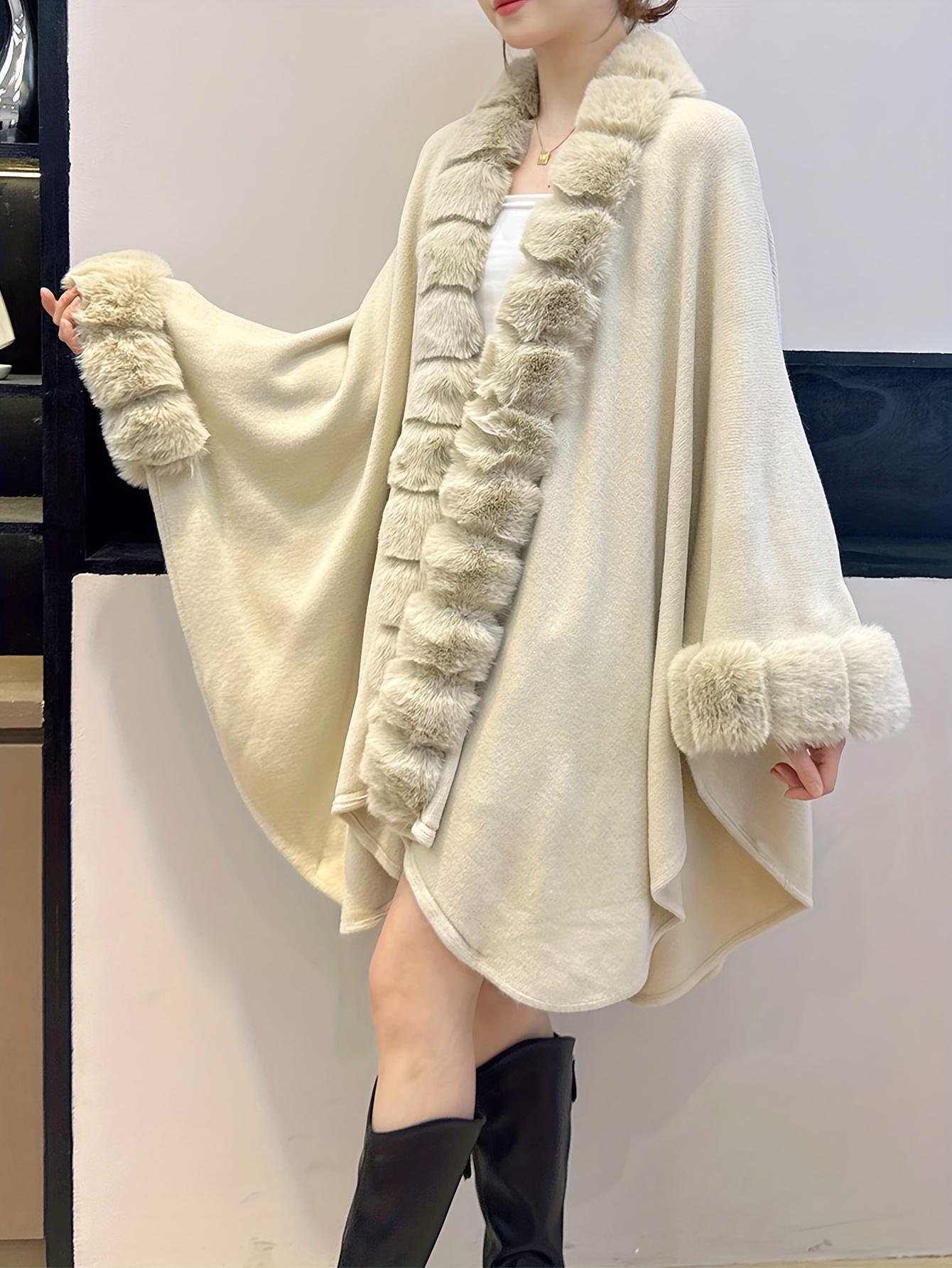 plus size solid faux fur trim coat casual long sleeve open front outerwear for fall winter womens plus size clothing details 10