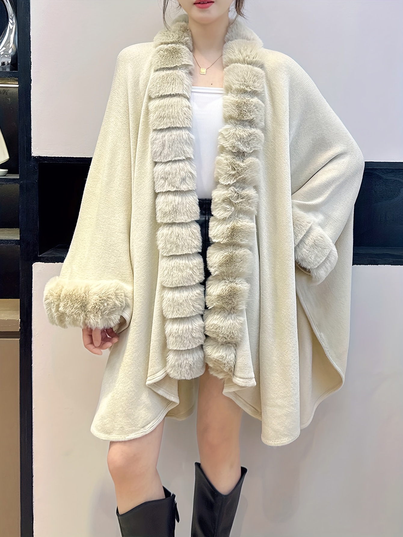 plus size solid faux fur trim coat casual long sleeve open front outerwear for fall winter womens plus size clothing details 11