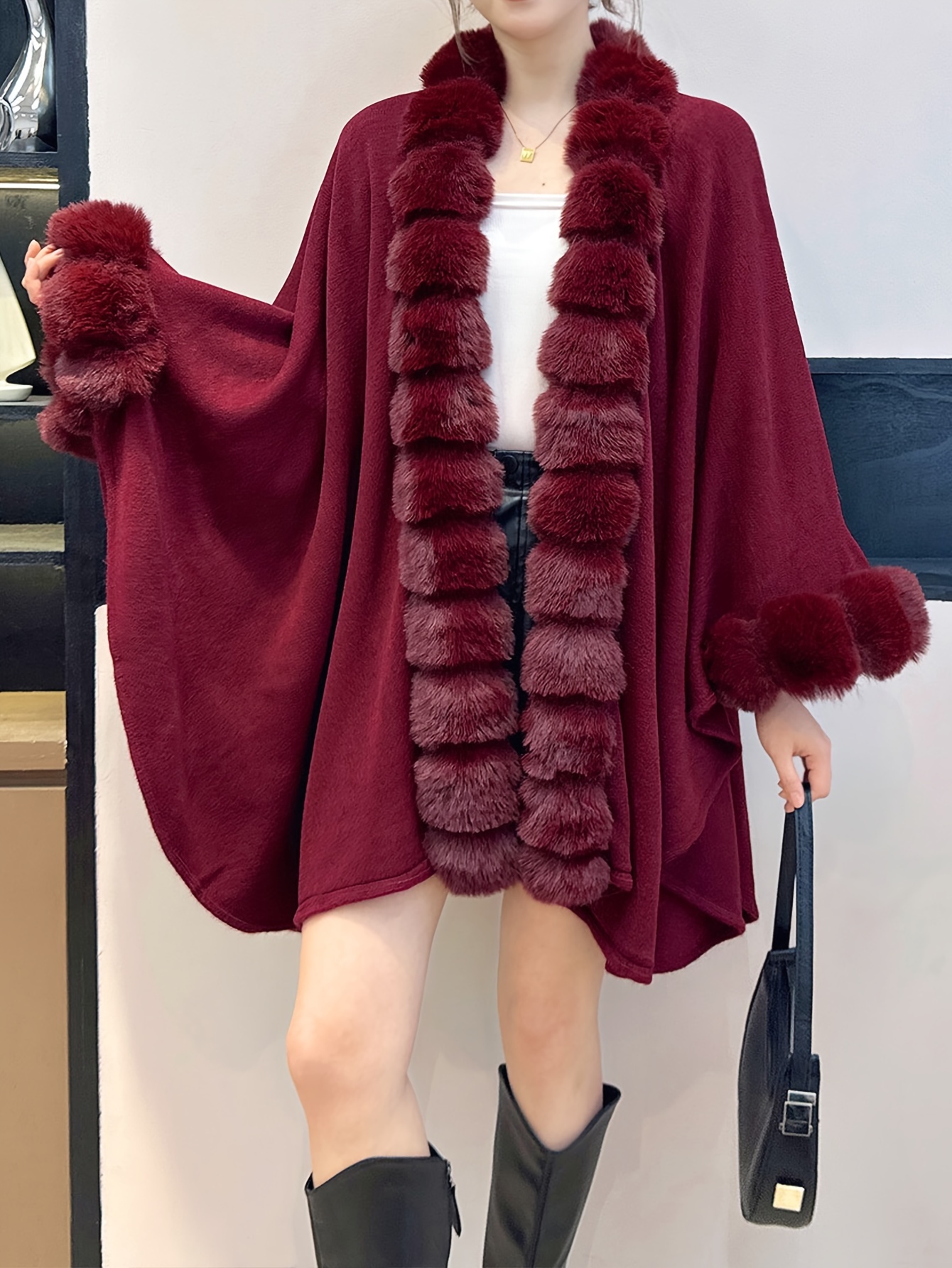 plus size solid faux fur trim coat casual long sleeve open front outerwear for fall winter womens plus size clothing details 12