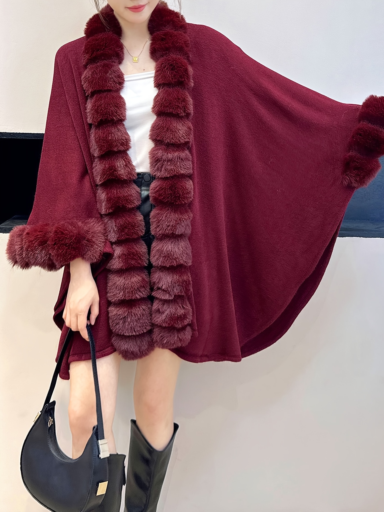 plus size solid faux fur trim coat casual long sleeve open front outerwear for fall winter womens plus size clothing details 14