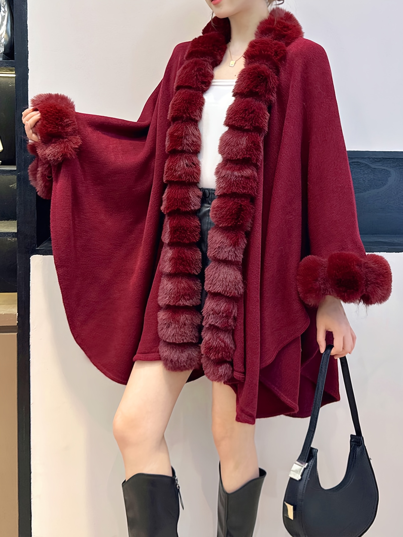 plus size solid faux fur trim coat casual long sleeve open front outerwear for fall winter womens plus size clothing details 15