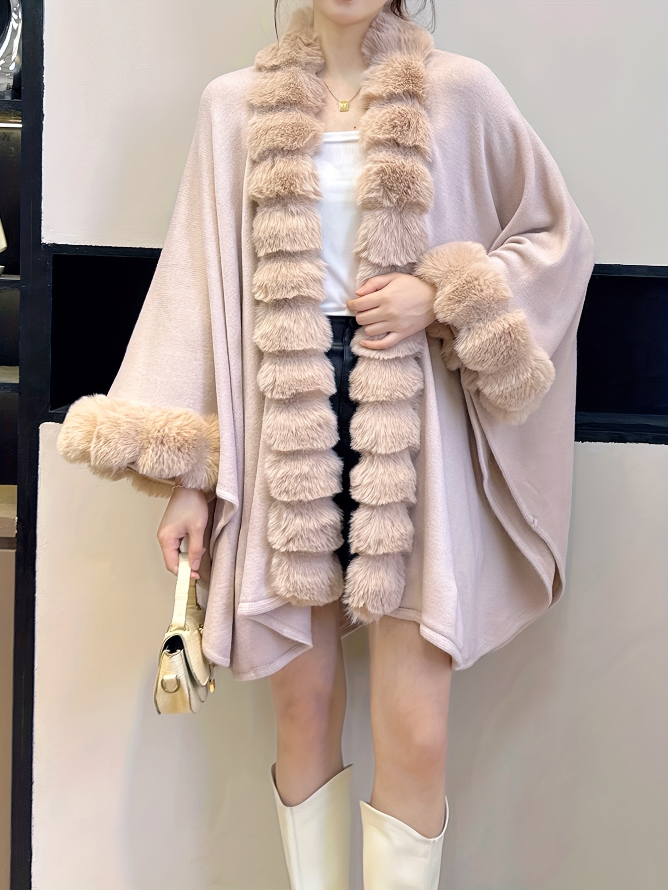 plus size solid faux fur trim coat casual long sleeve open front outerwear for fall winter womens plus size clothing details 18