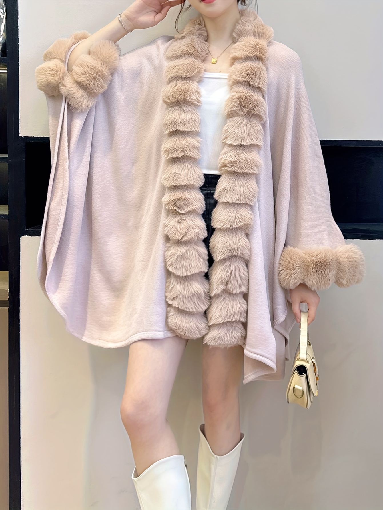 plus size solid faux fur trim coat casual long sleeve open front outerwear for fall winter womens plus size clothing details 19