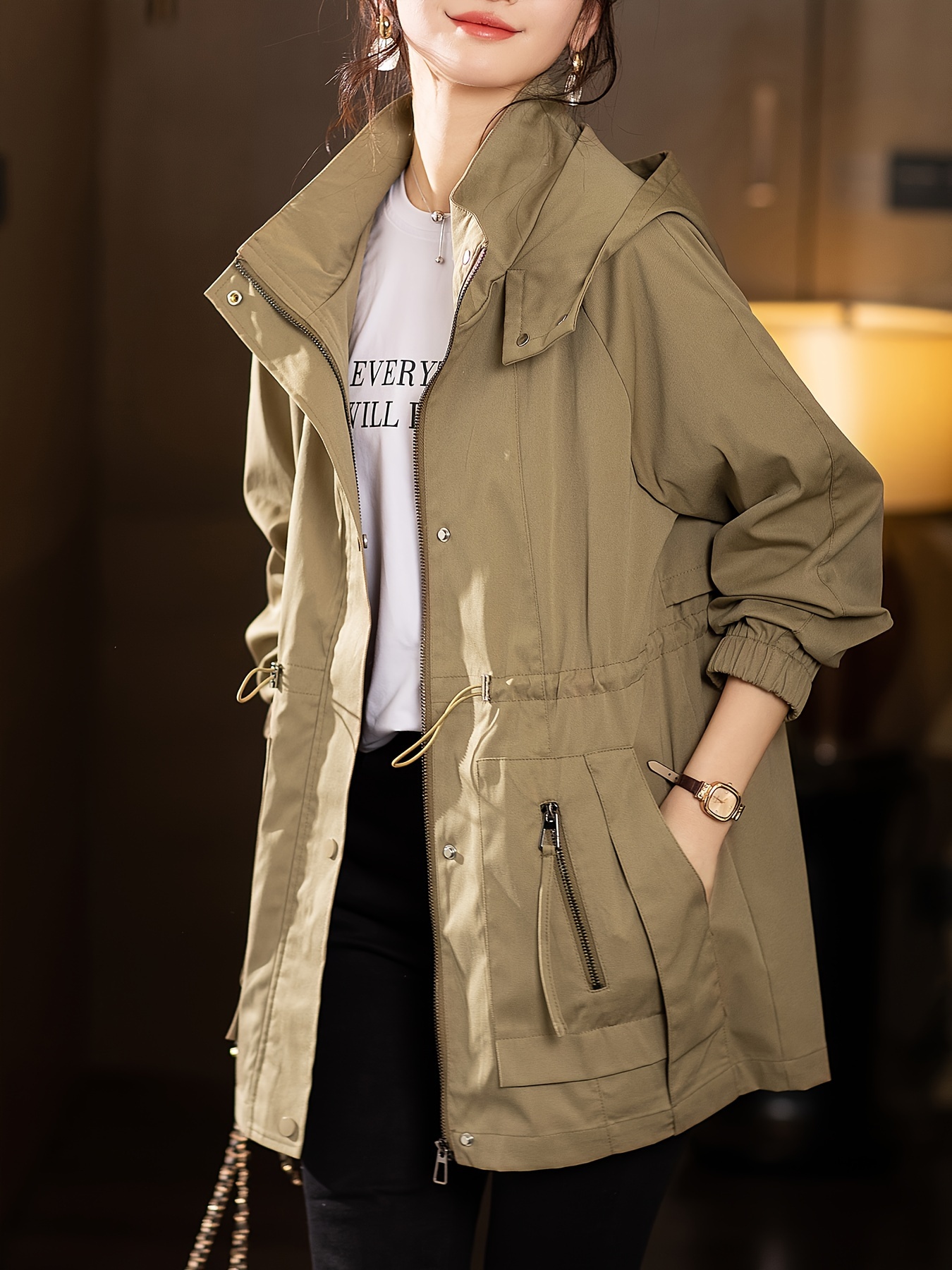 plus size solid hooded jacket casual long sleeve zip front jacket womens plus size clothing details 5