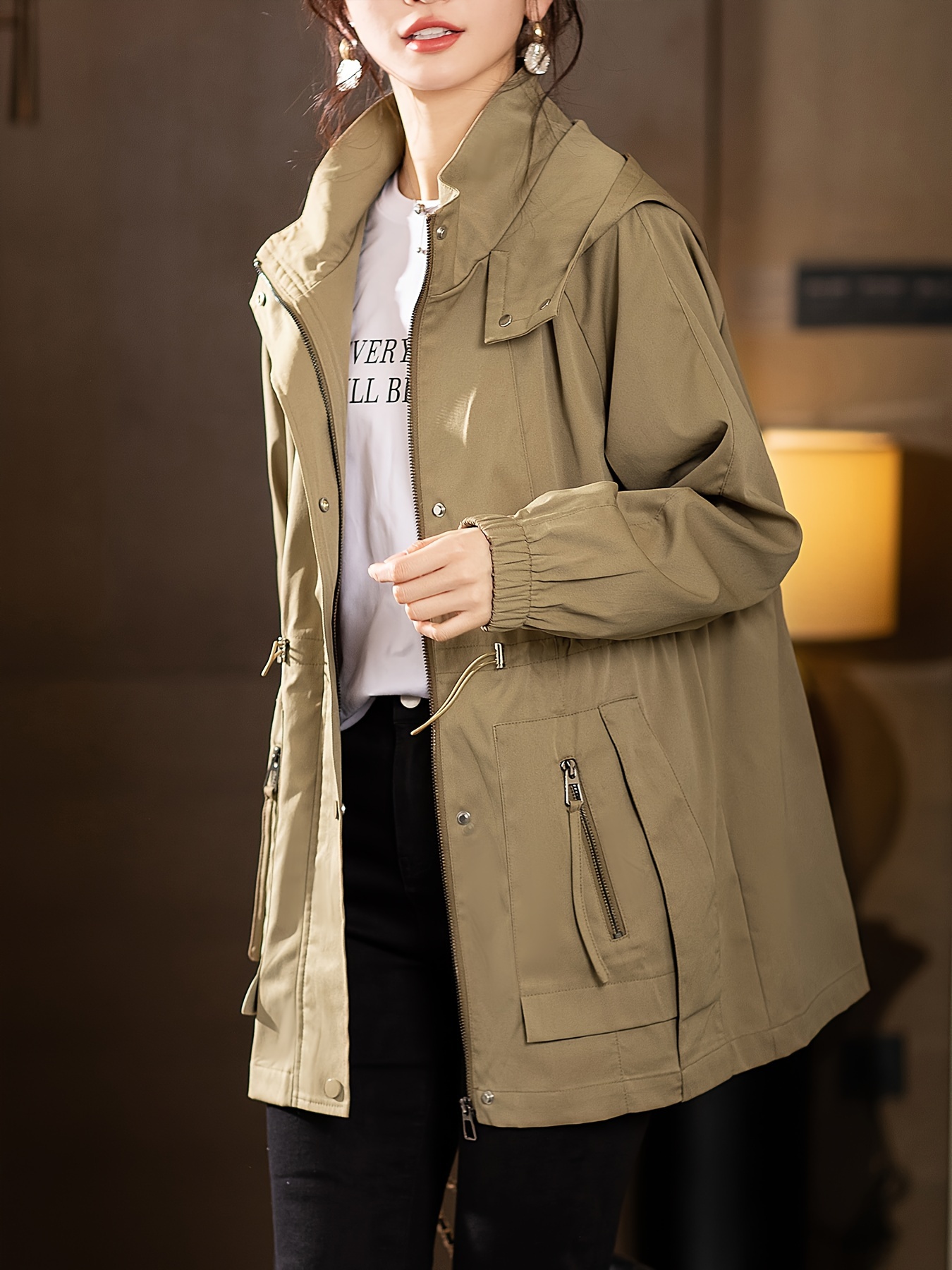 plus size solid hooded jacket casual long sleeve zip front jacket womens plus size clothing details 6