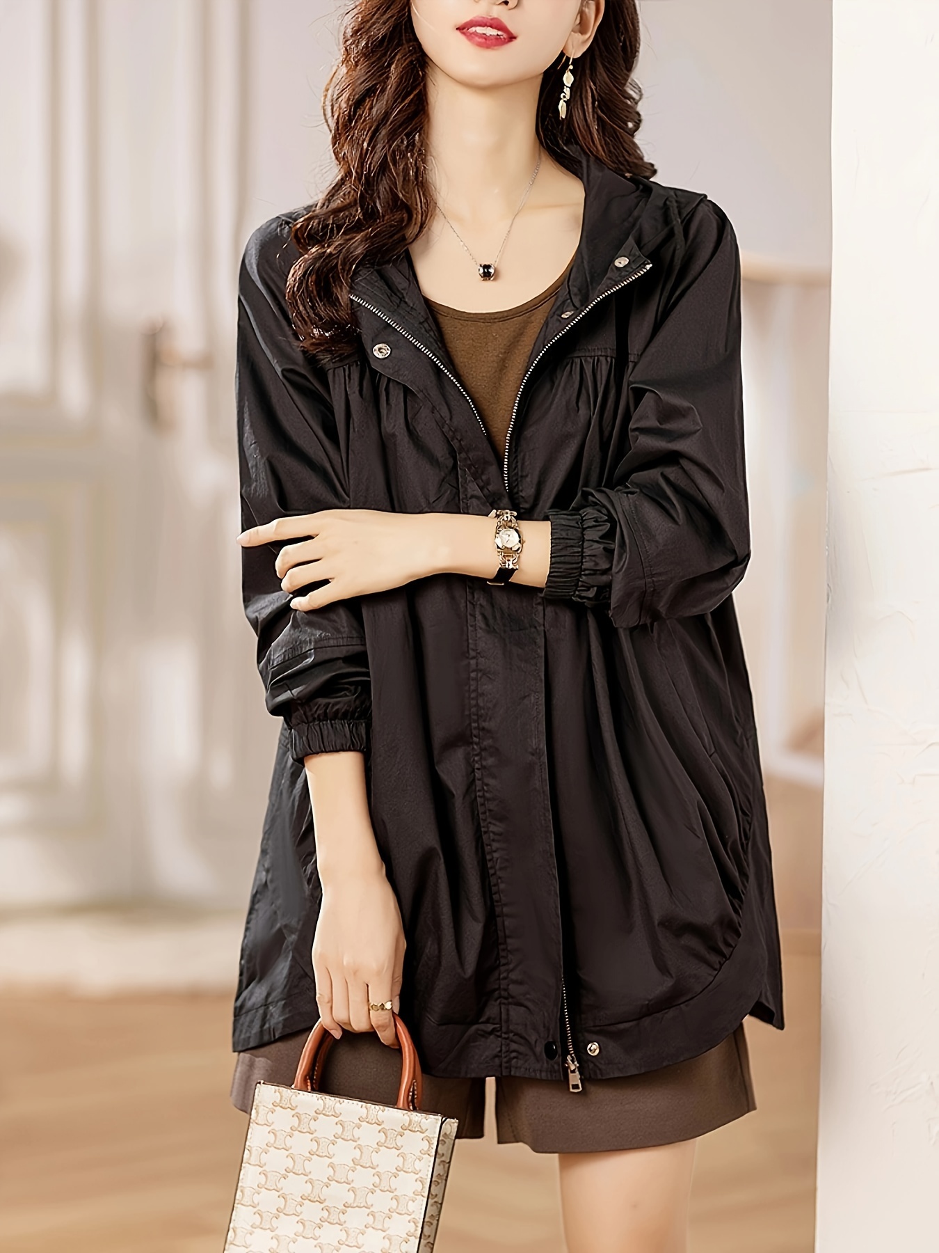 plus size solid hooded trench coat casual zip up long sleeve coat womens plus size clothing details 0