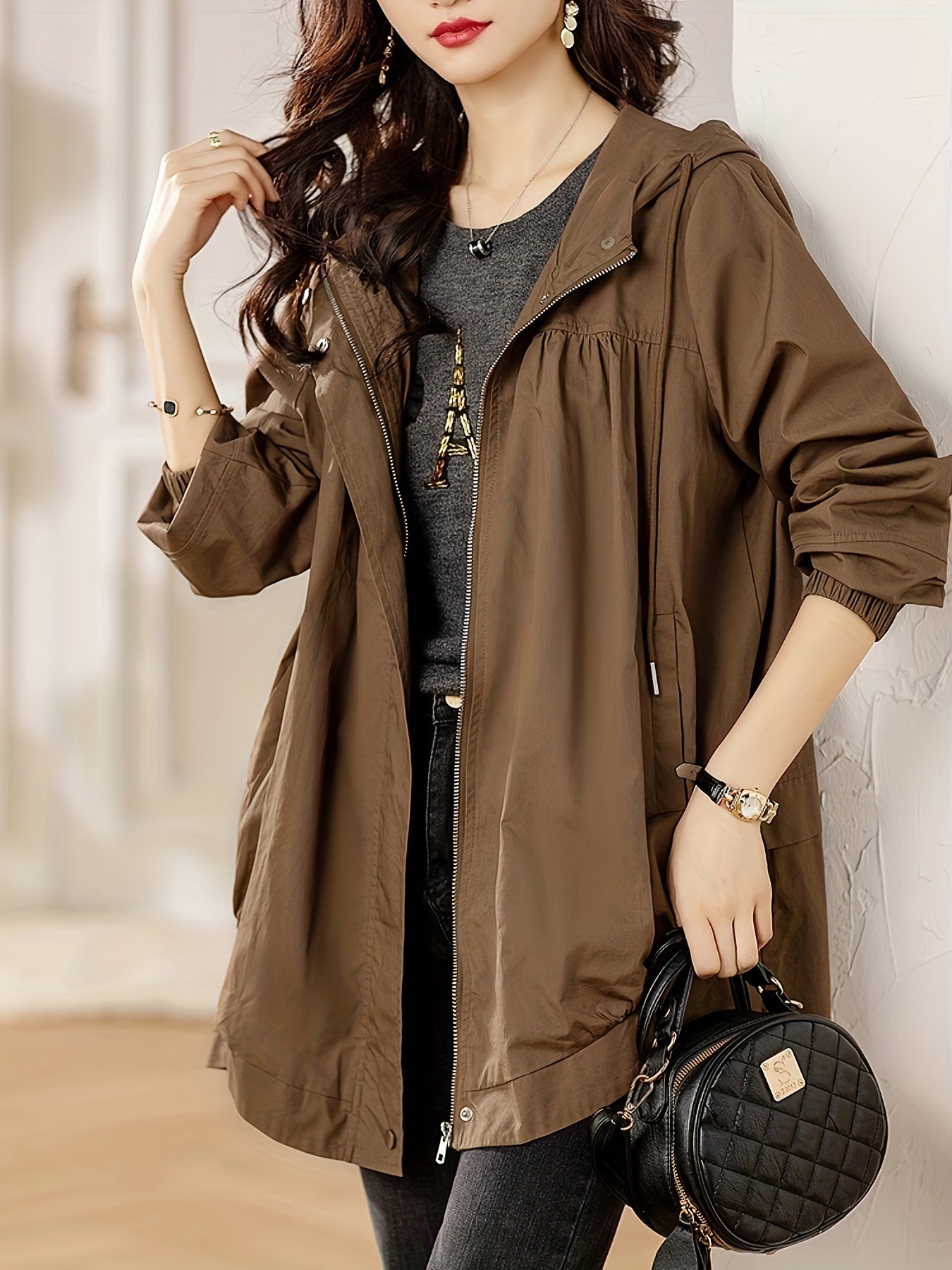 plus size solid hooded trench coat casual zip up long sleeve coat womens plus size clothing details 5