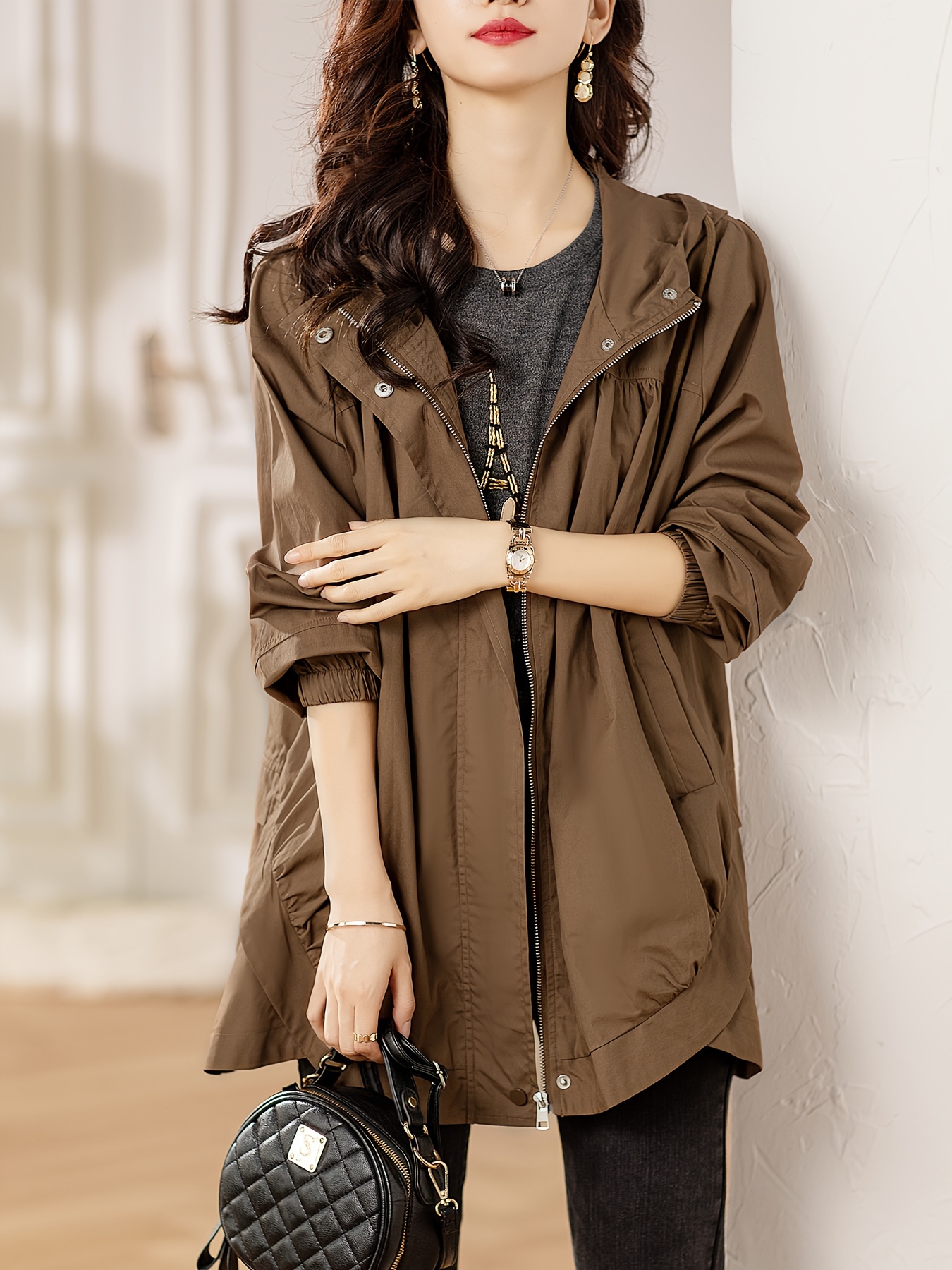 plus size solid hooded trench coat casual zip up long sleeve coat womens plus size clothing details 8