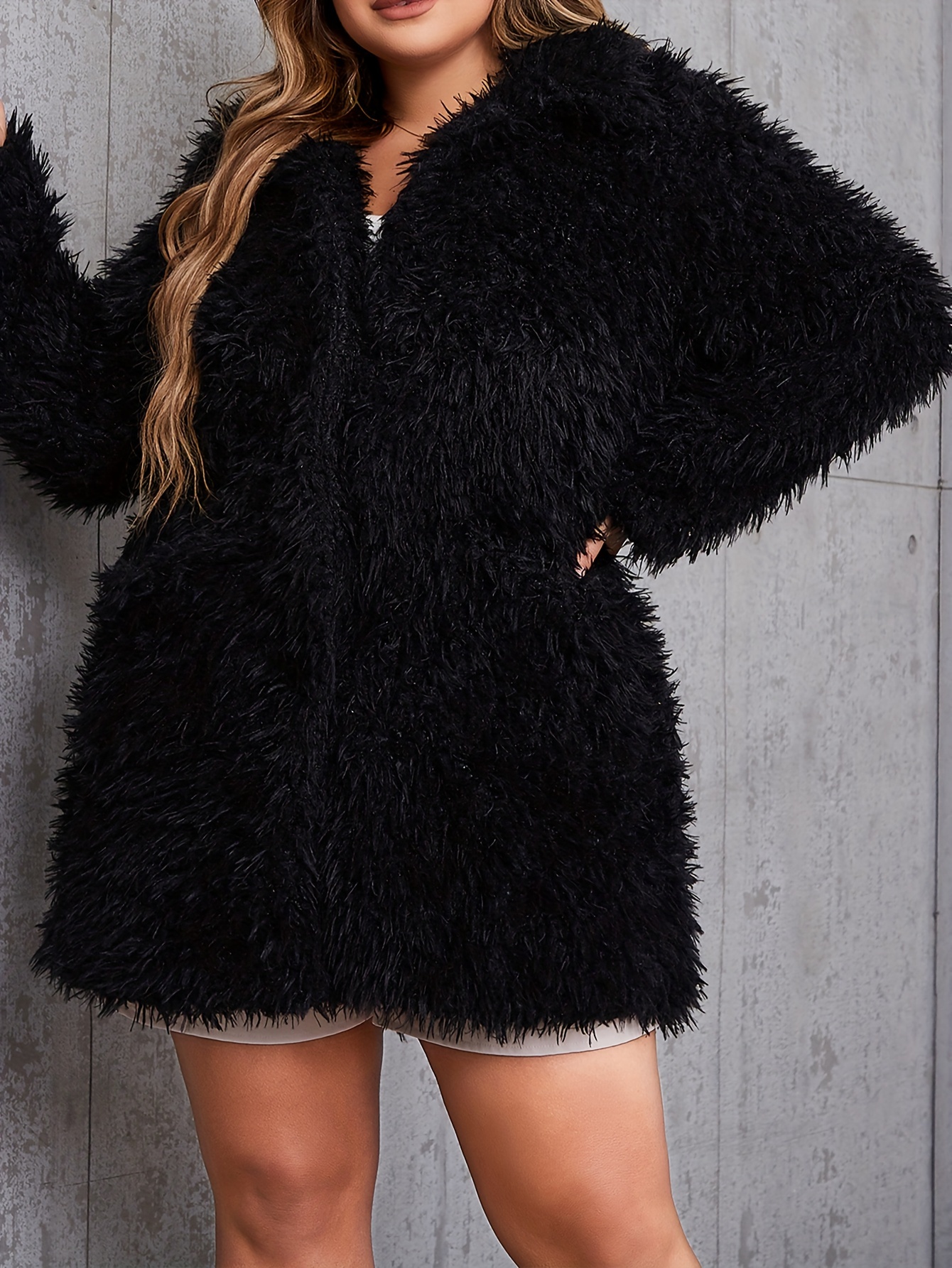 plus size elegant coat womens plus solid fuzzy fleece long sleeve open front tunic coat details 8