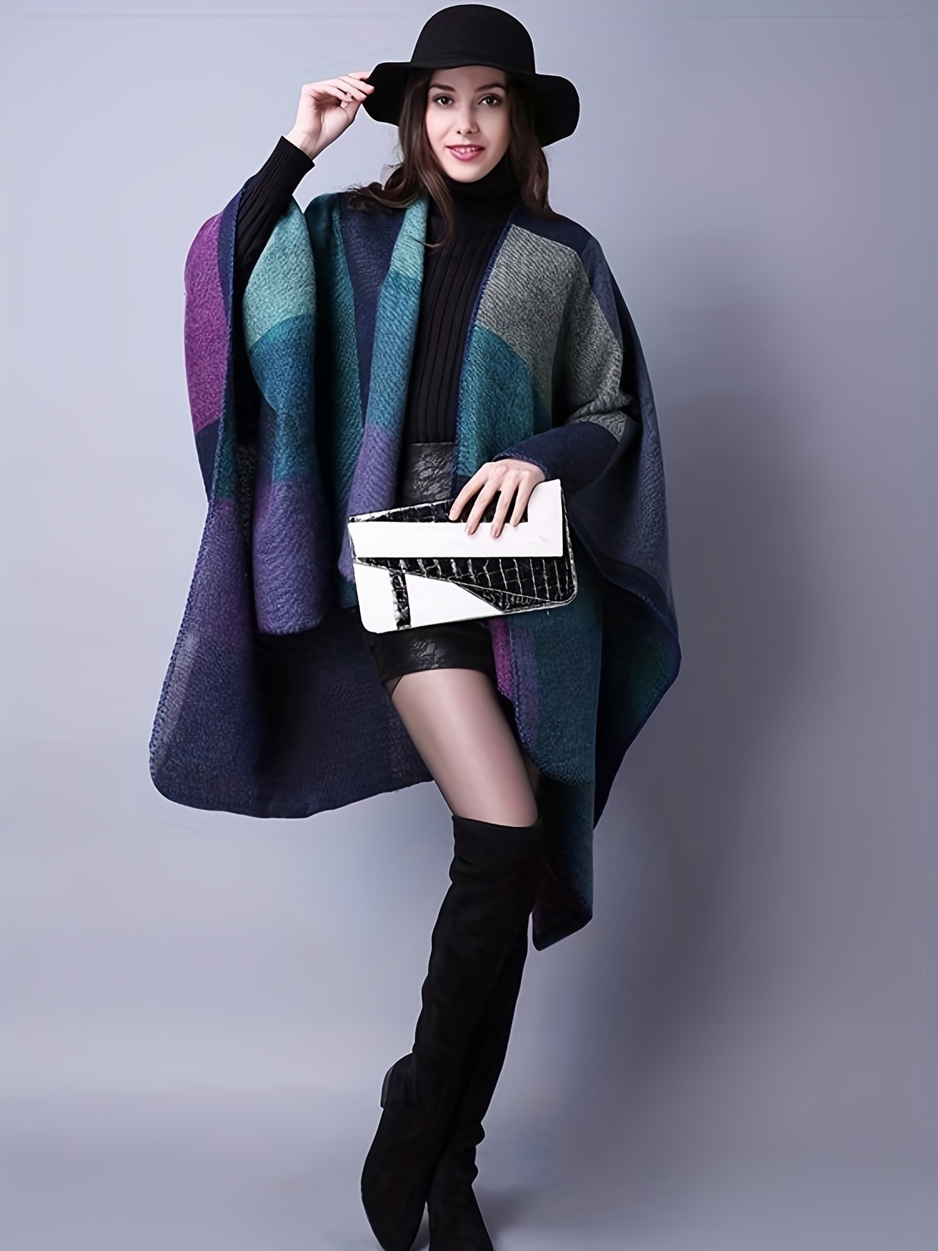 plus size casual coat womens plus colorblock batwing sleeve open front slight stretch cape coat details 4