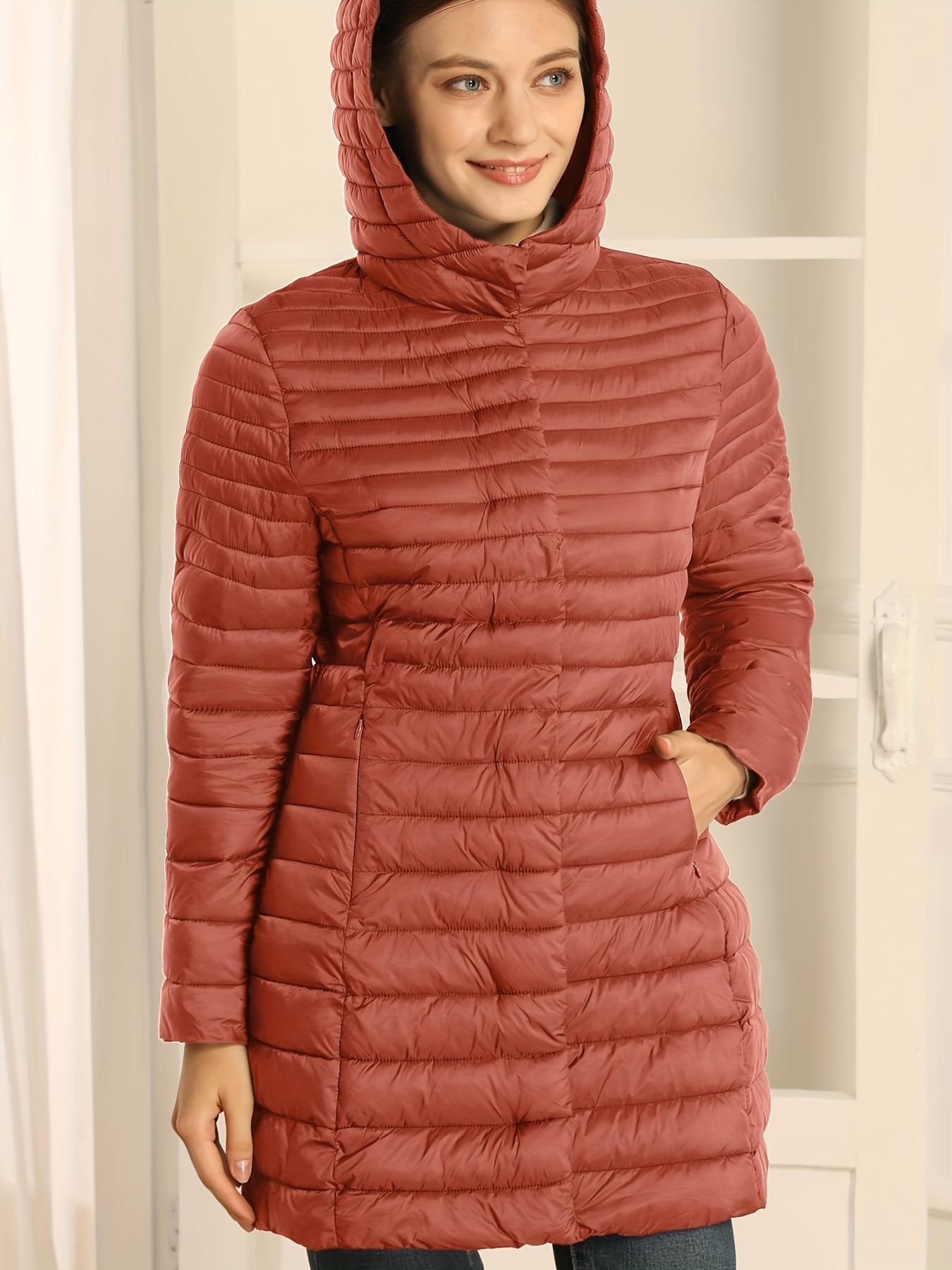 plus size solid hooded coat casual long sleeve zipper warm outwear for winter womens plus size clothing details 4