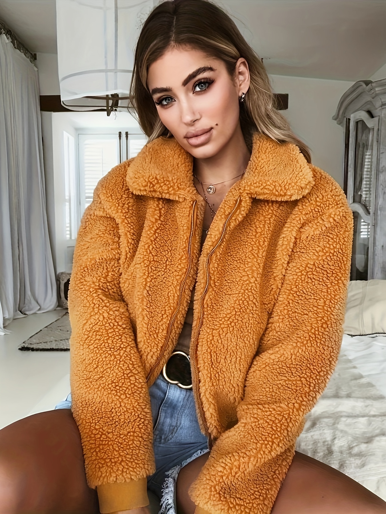 plus size casual coat womens plus solid teddy fleece long sleeve zip up lapel collar coat details 6