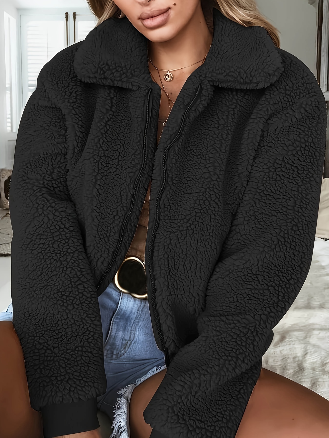 plus size casual coat womens plus solid teddy fleece long sleeve zip up lapel collar coat details 13