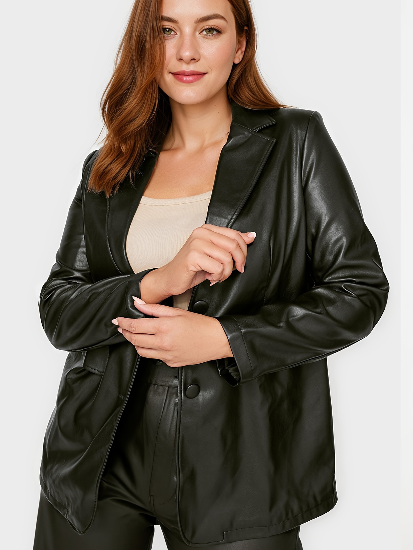 plus size pu leather lapel jacket casual long sleeve buttons jacket womens plus size clothing details 0