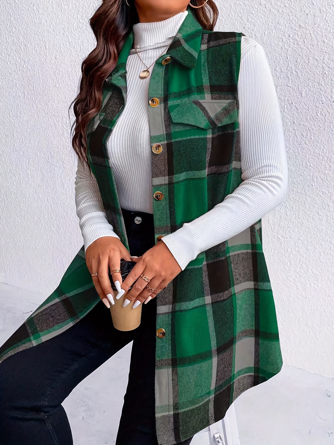 plus size casual coat womens plus plaid print button up lapel collar tunic vest coat details 2