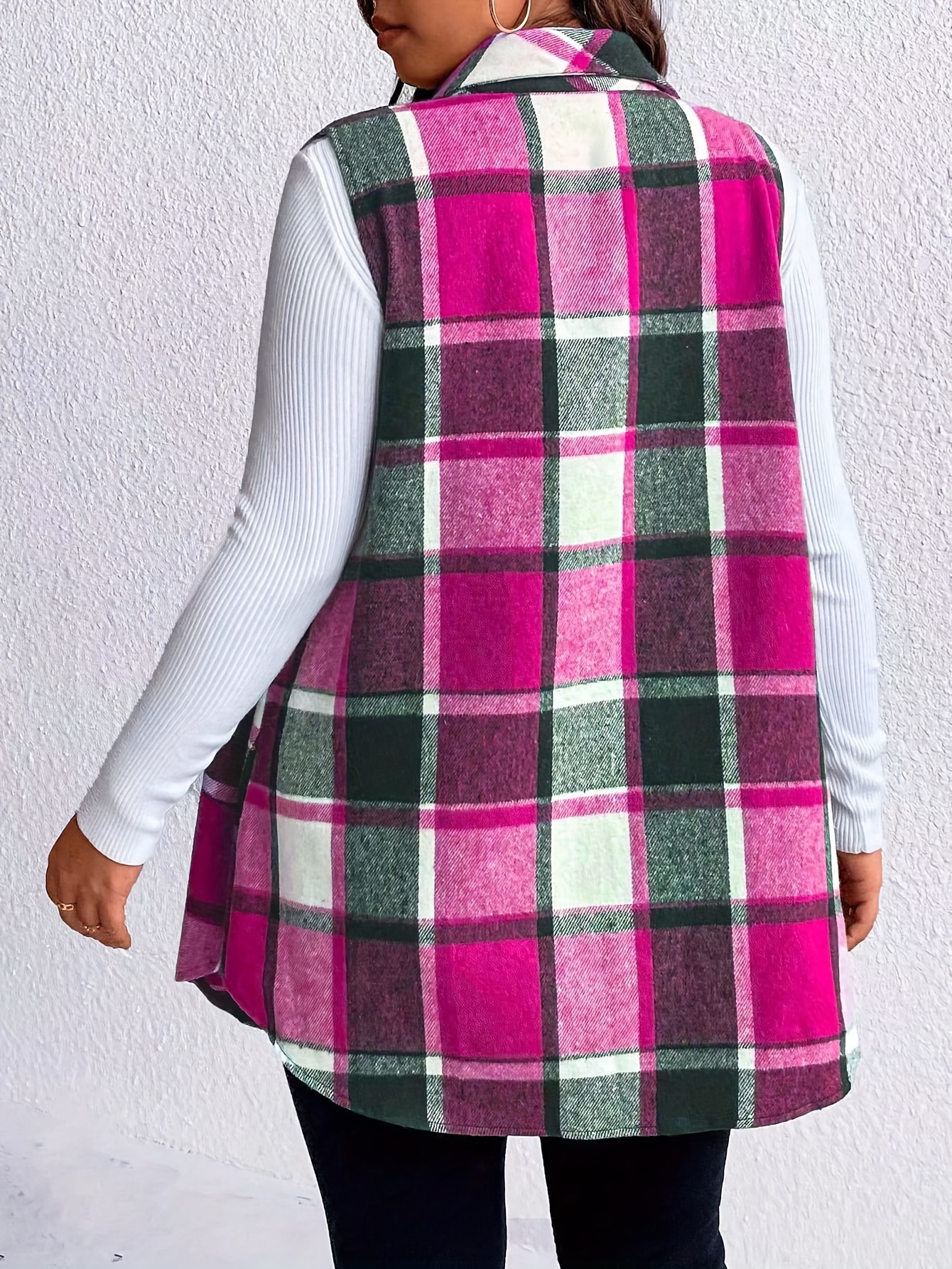 plus size casual coat womens plus plaid print button up lapel collar tunic vest coat details 4