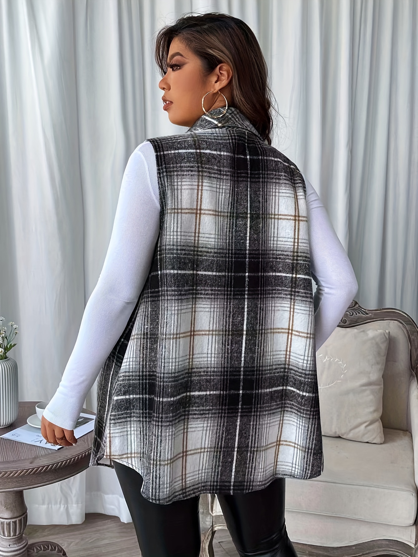 plus size casual coat womens plus plaid print button up lapel collar tunic vest coat details 8