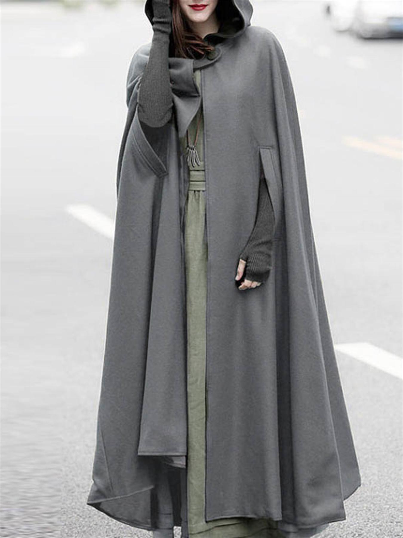 plus size solid hooded cape cloak coat casual button front outerwear for fall winter womens plus size clothing details 0