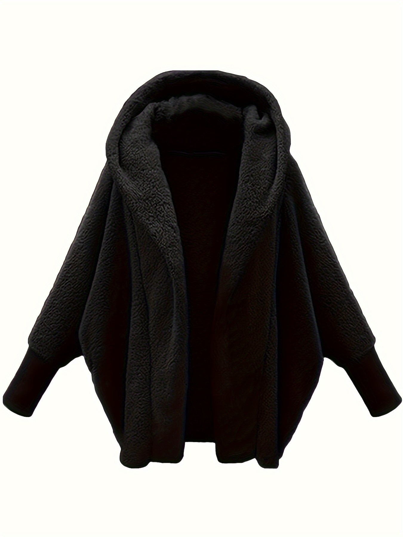 plus size casual coat womens plus solid teddy fleece hooded batwing sleeve loose fit coat details 1