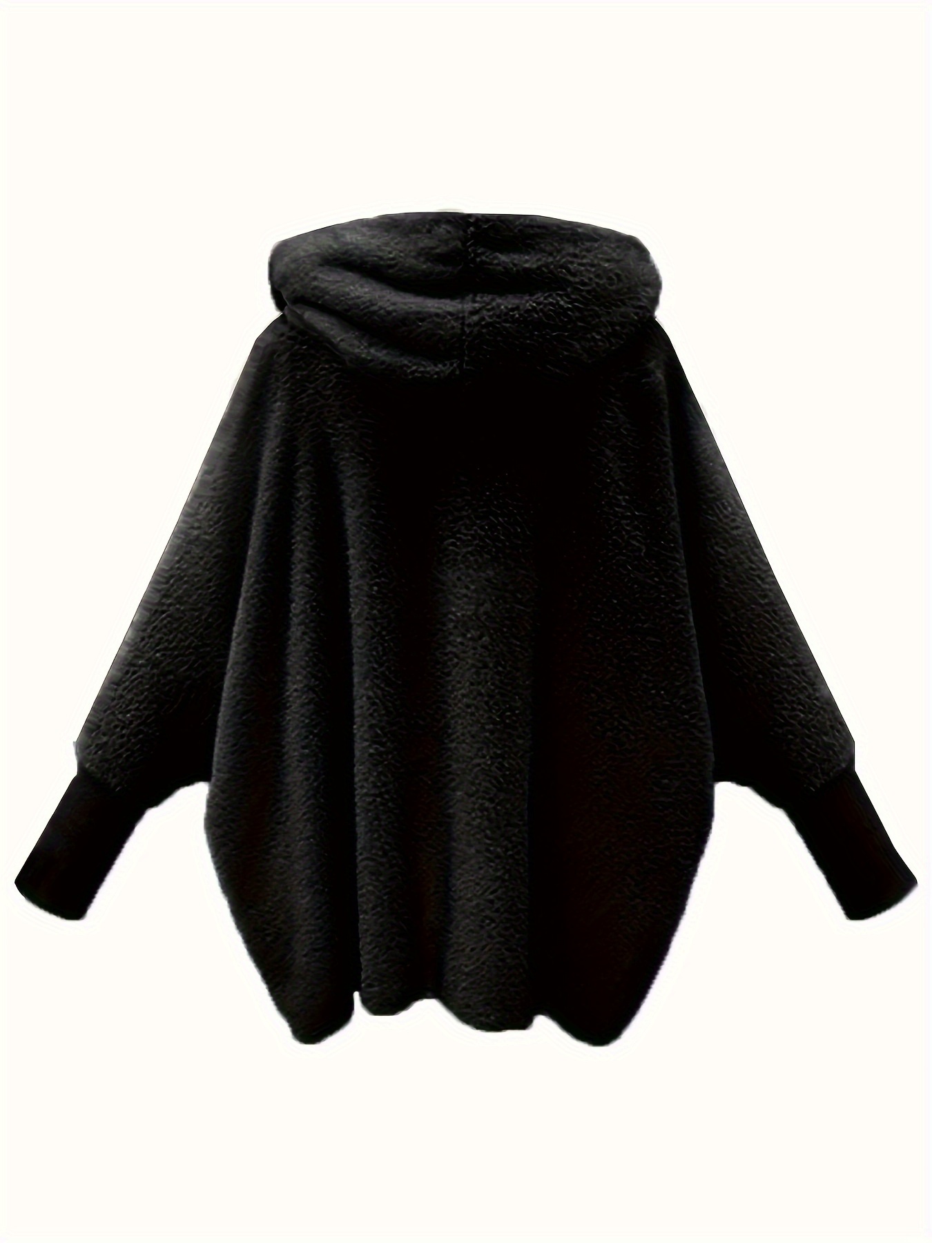 plus size casual coat womens plus solid teddy fleece hooded batwing sleeve loose fit coat details 2